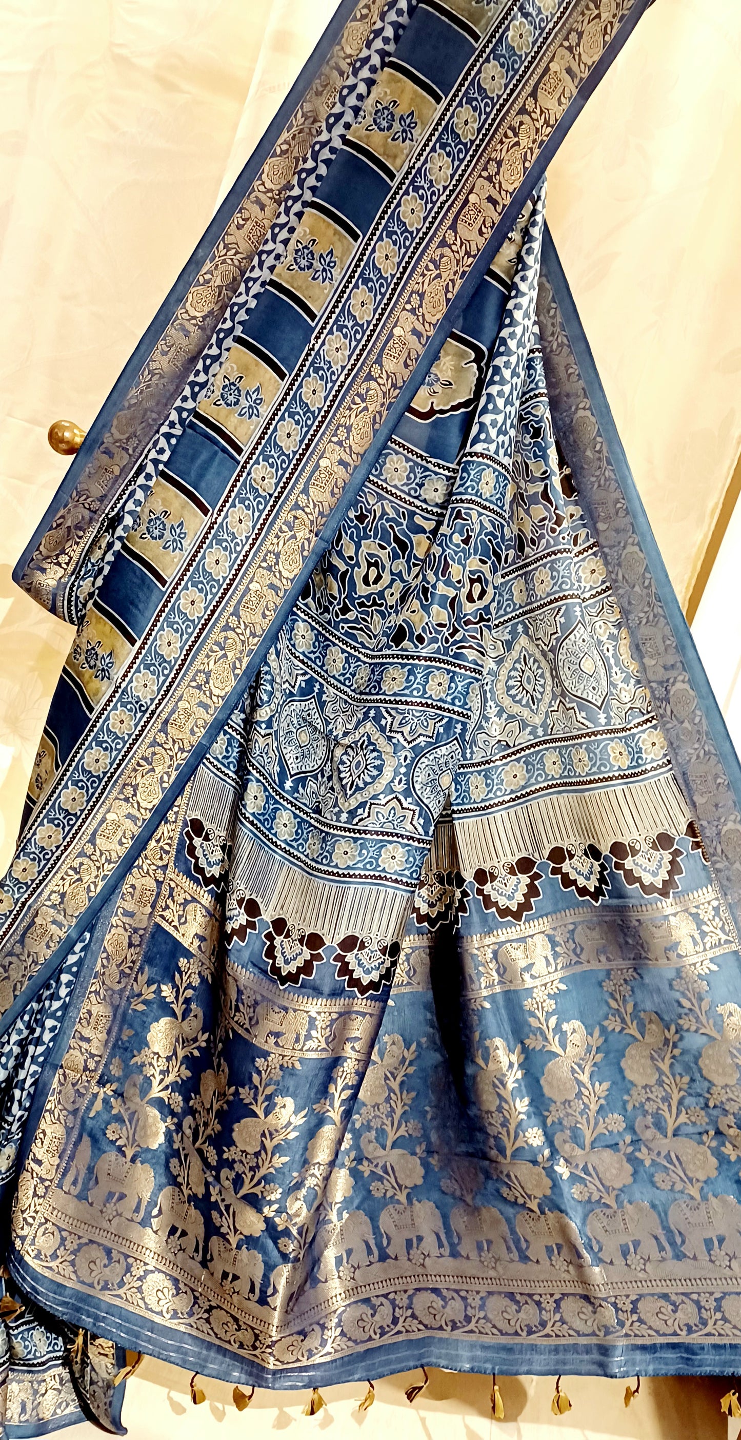 Indigo Blue Dola Silk Ajrakh print saree