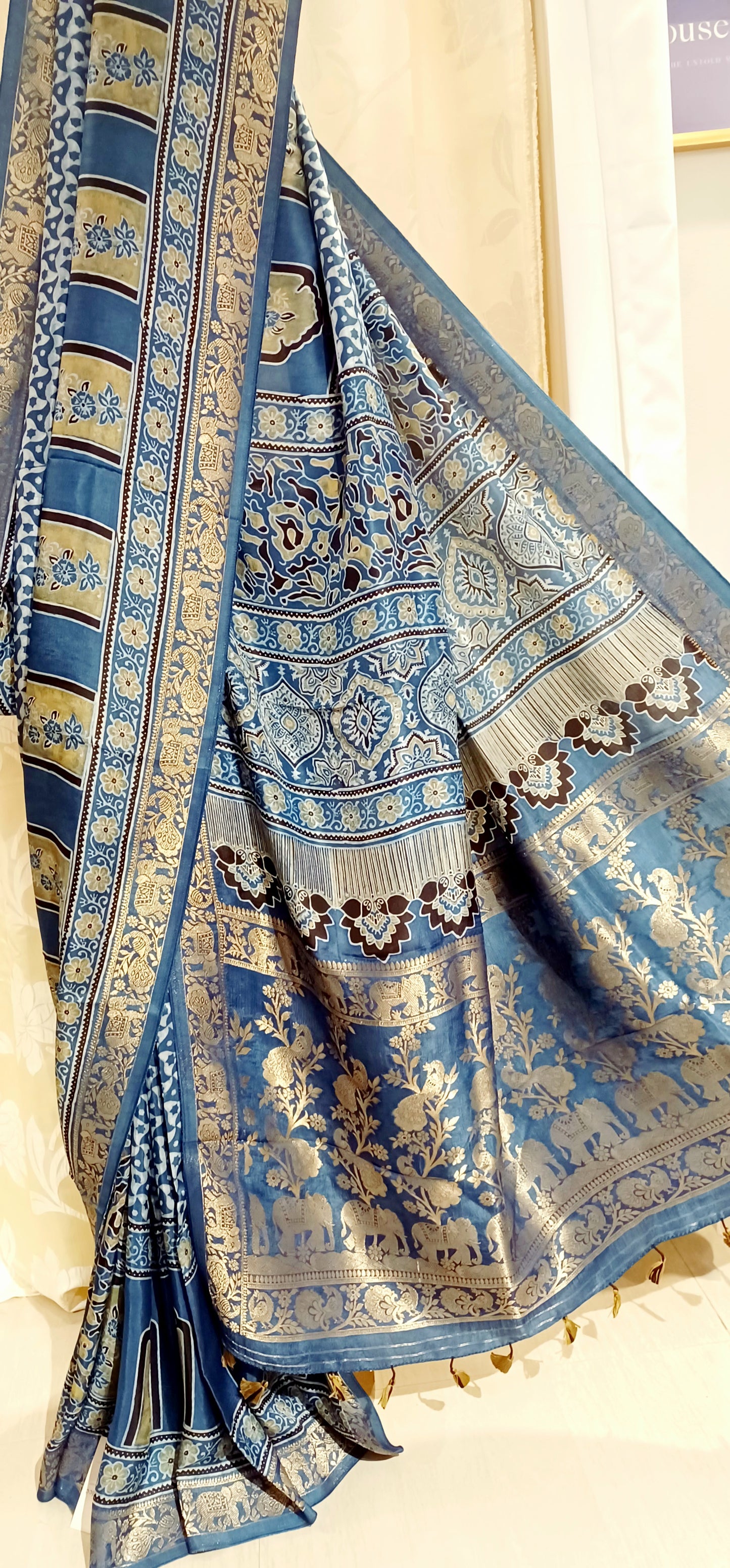 Indigo Blue Dola Silk Ajrakh print saree