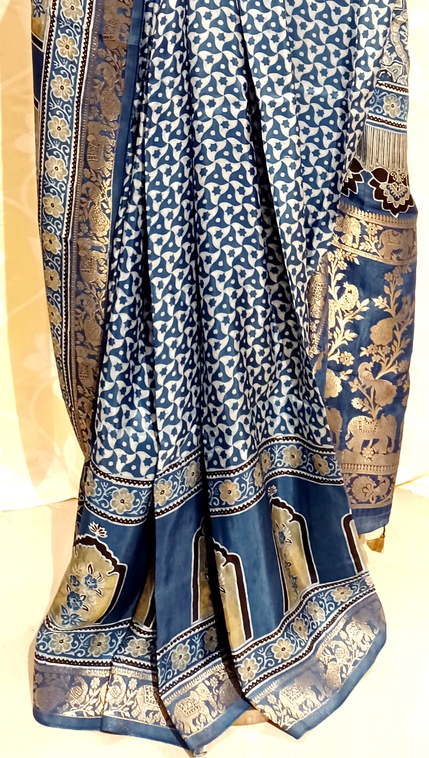 Indigo Blue Dola Silk Ajrakh print saree