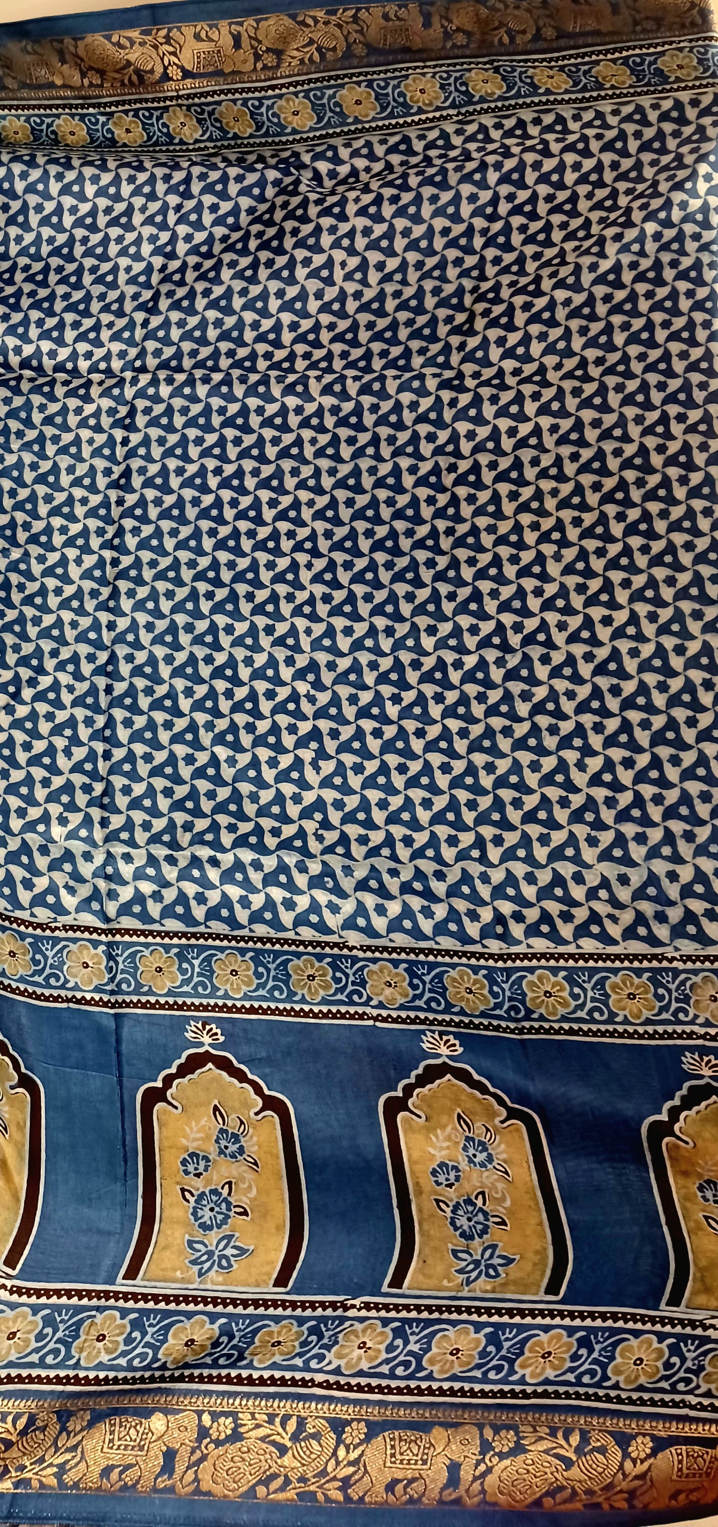 Indigo Blue Dola Silk Ajrakh print saree