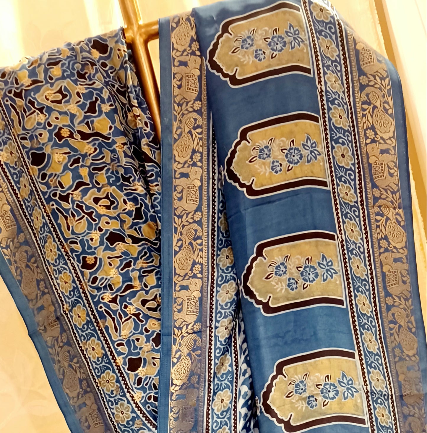 Indigo Blue Dola Silk Ajrakh print saree