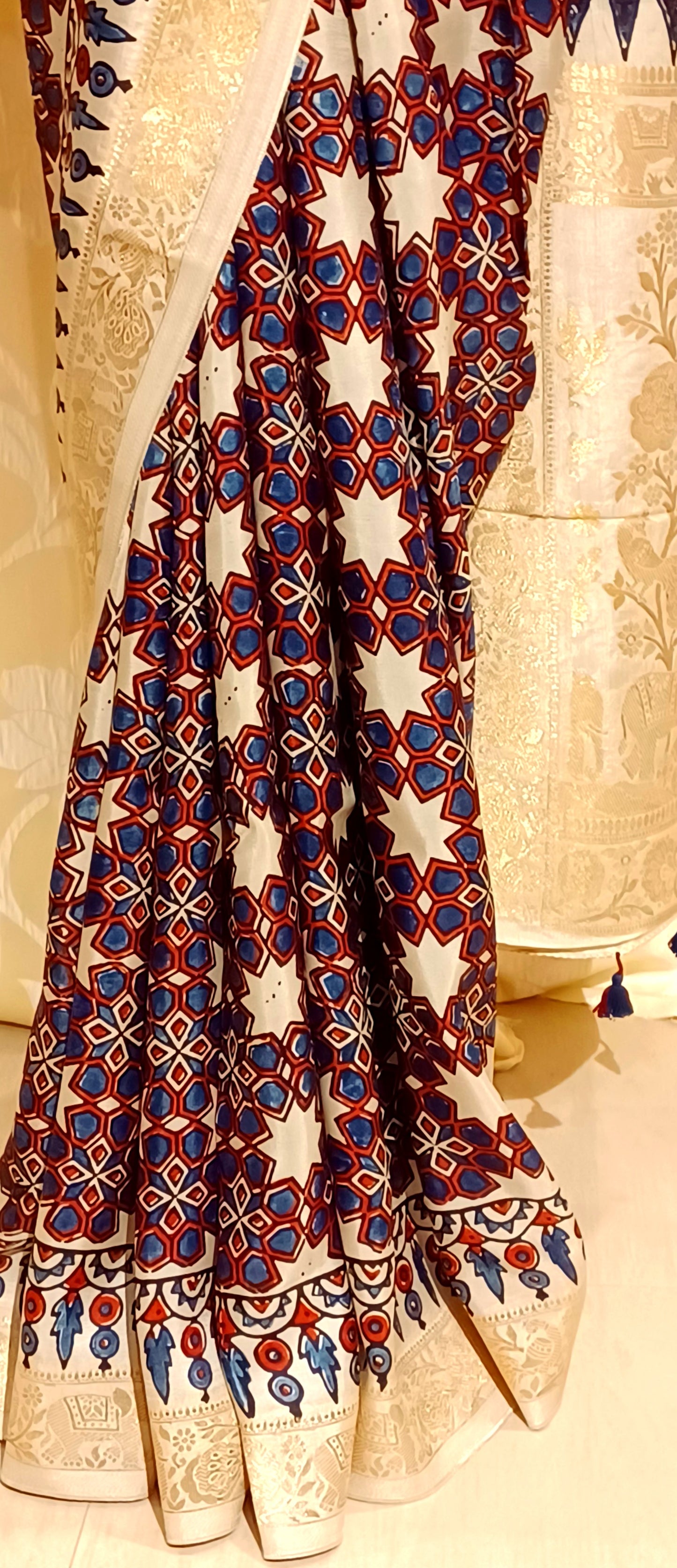 Off-white Dola Silk with Indigo and Red Ajrakh print saree