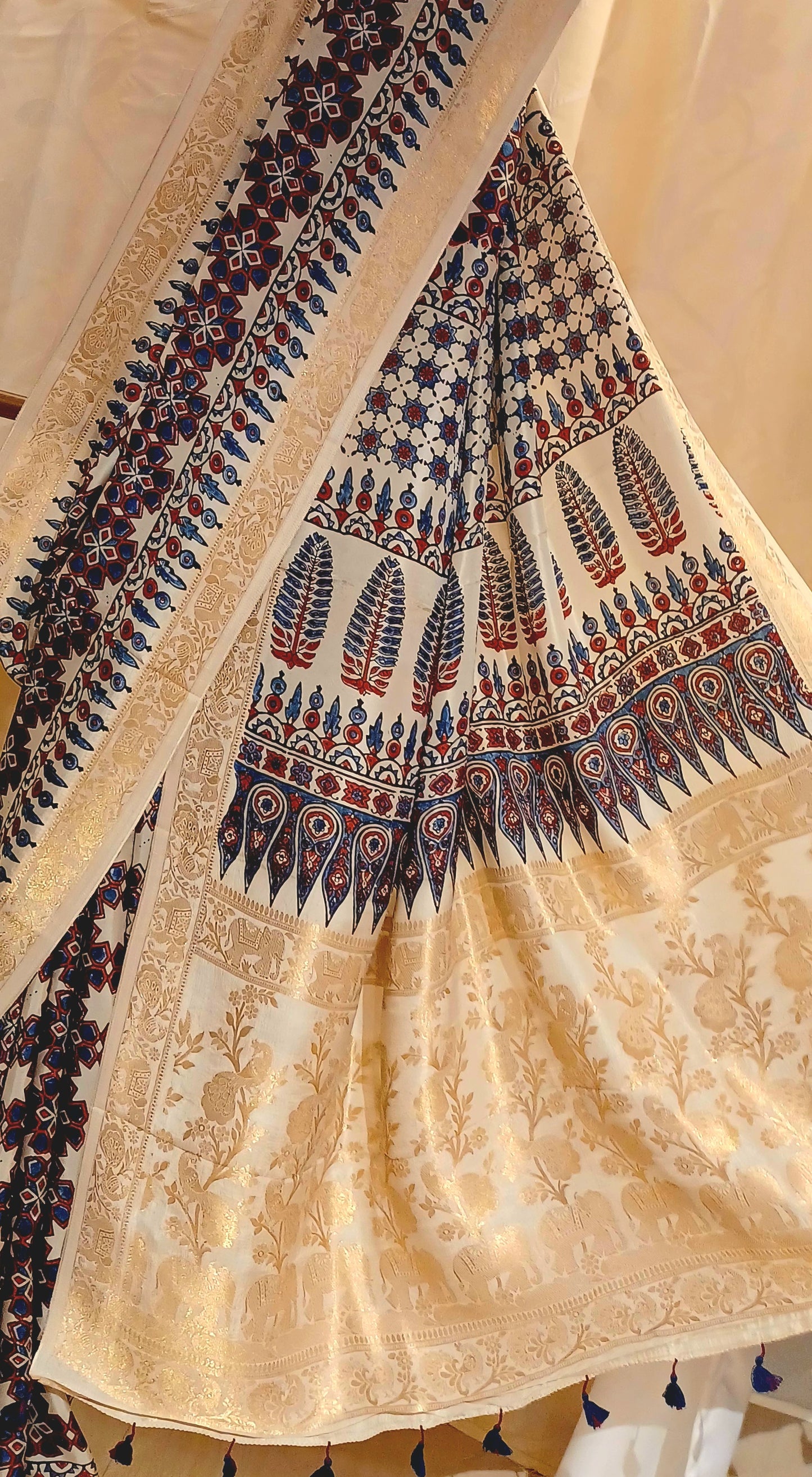 Off-white Dola Silk with Indigo and Red Ajrakh print saree