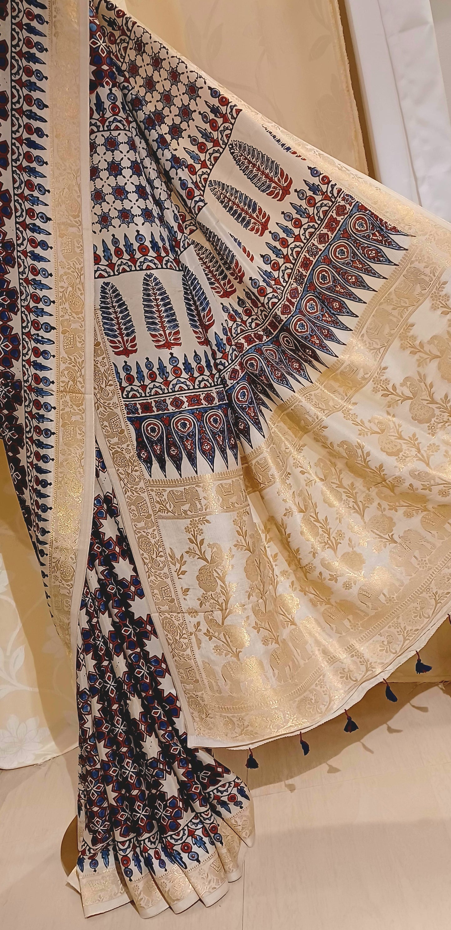 Off-white Dola Silk with Indigo and Red Ajrakh print saree