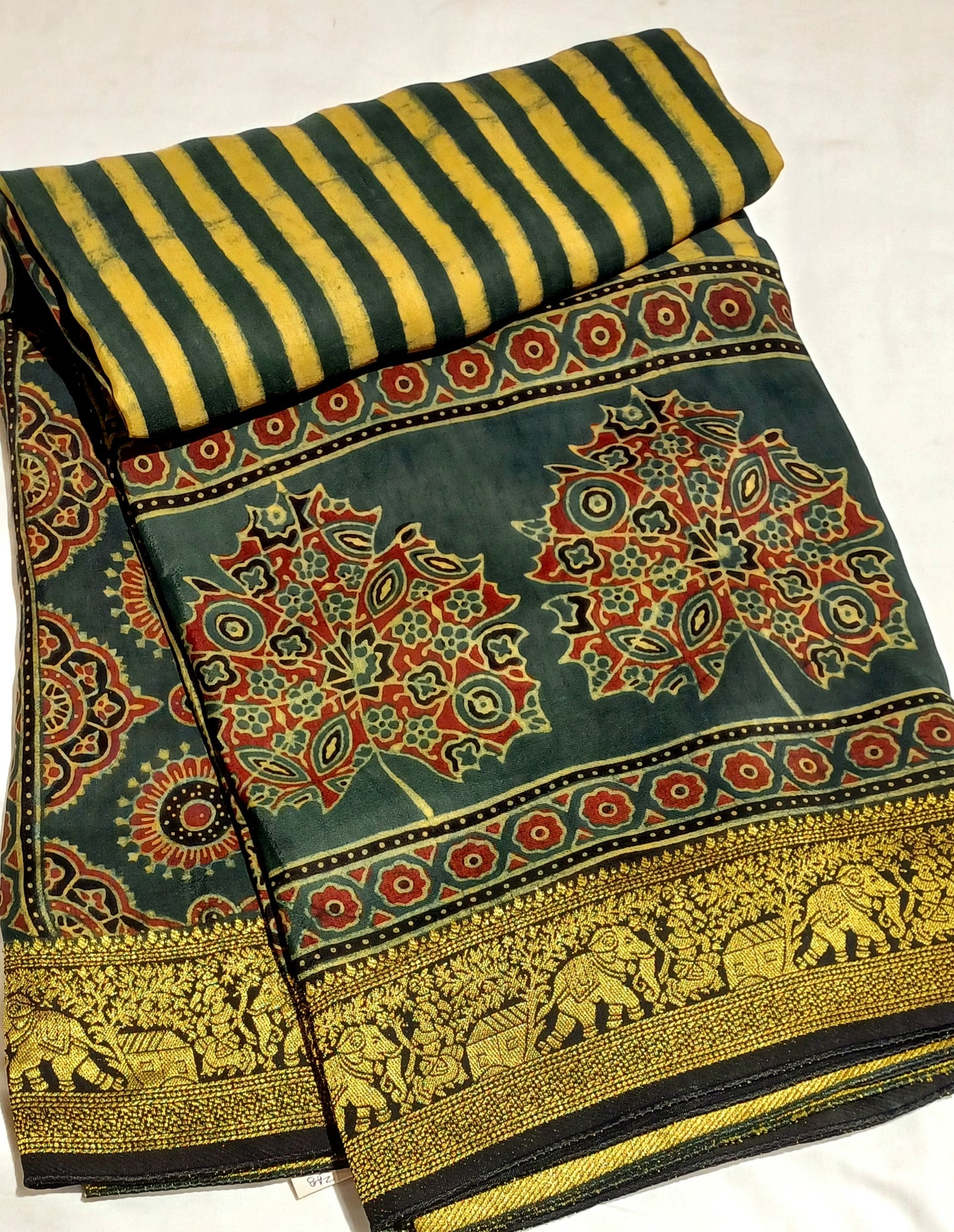 Dark Green and yellow Dola Silk Ajrakh print saree
