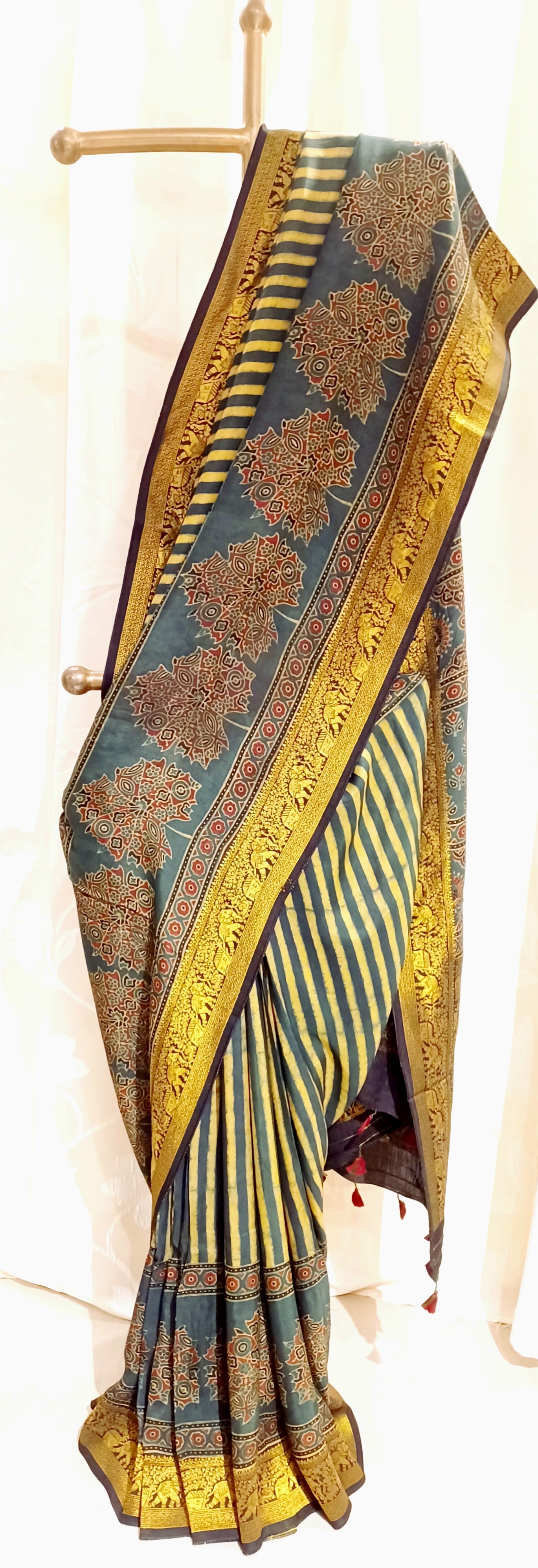 Dark Green and yellow Dola Silk Ajrakh print saree