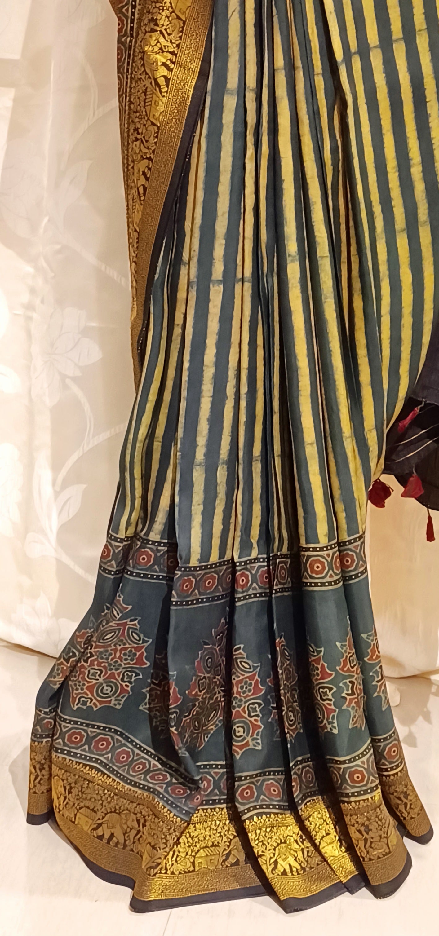 Dark Green and yellow Dola Silk Ajrakh print saree