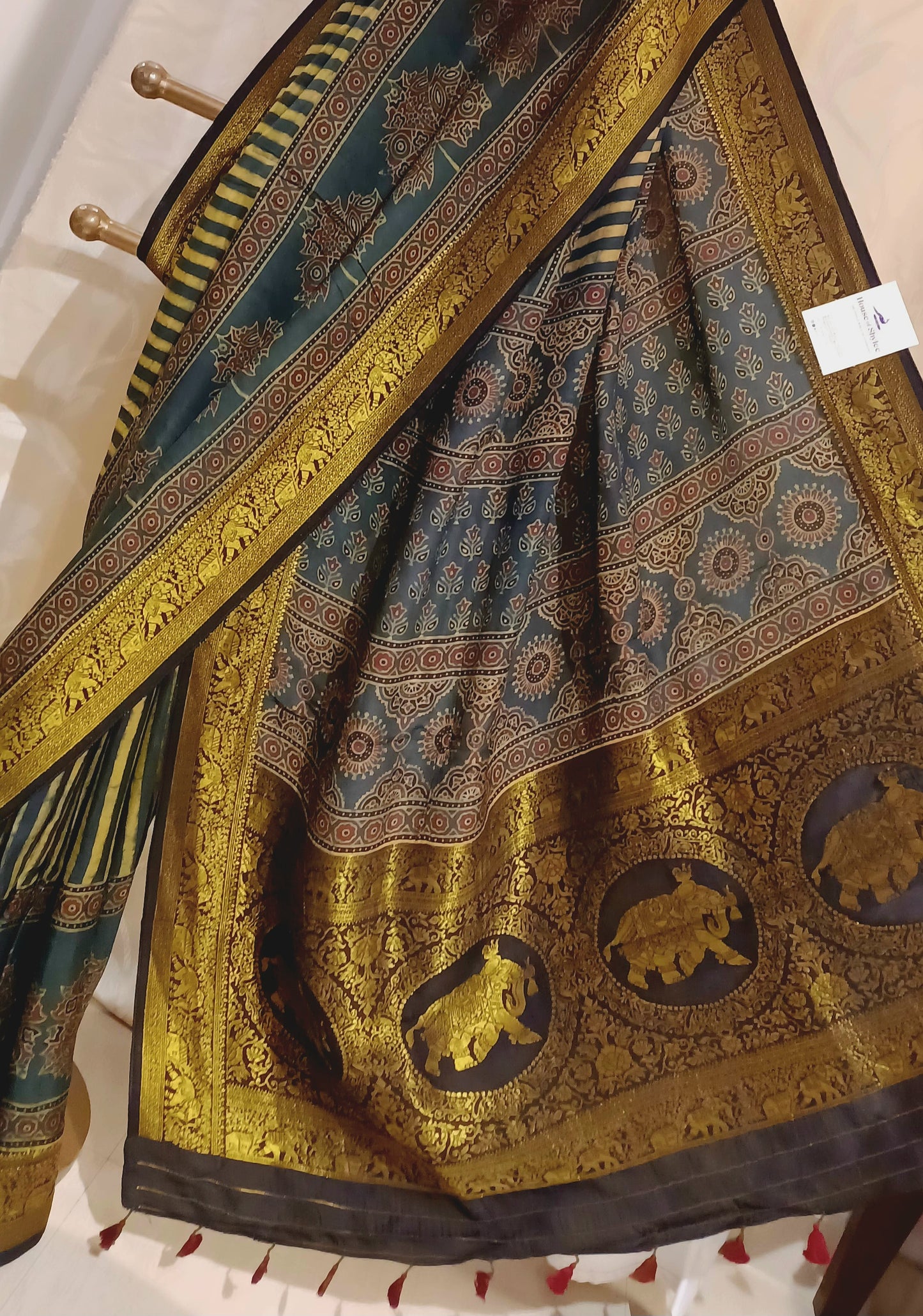 Dark Green and yellow Dola Silk Ajrakh print saree