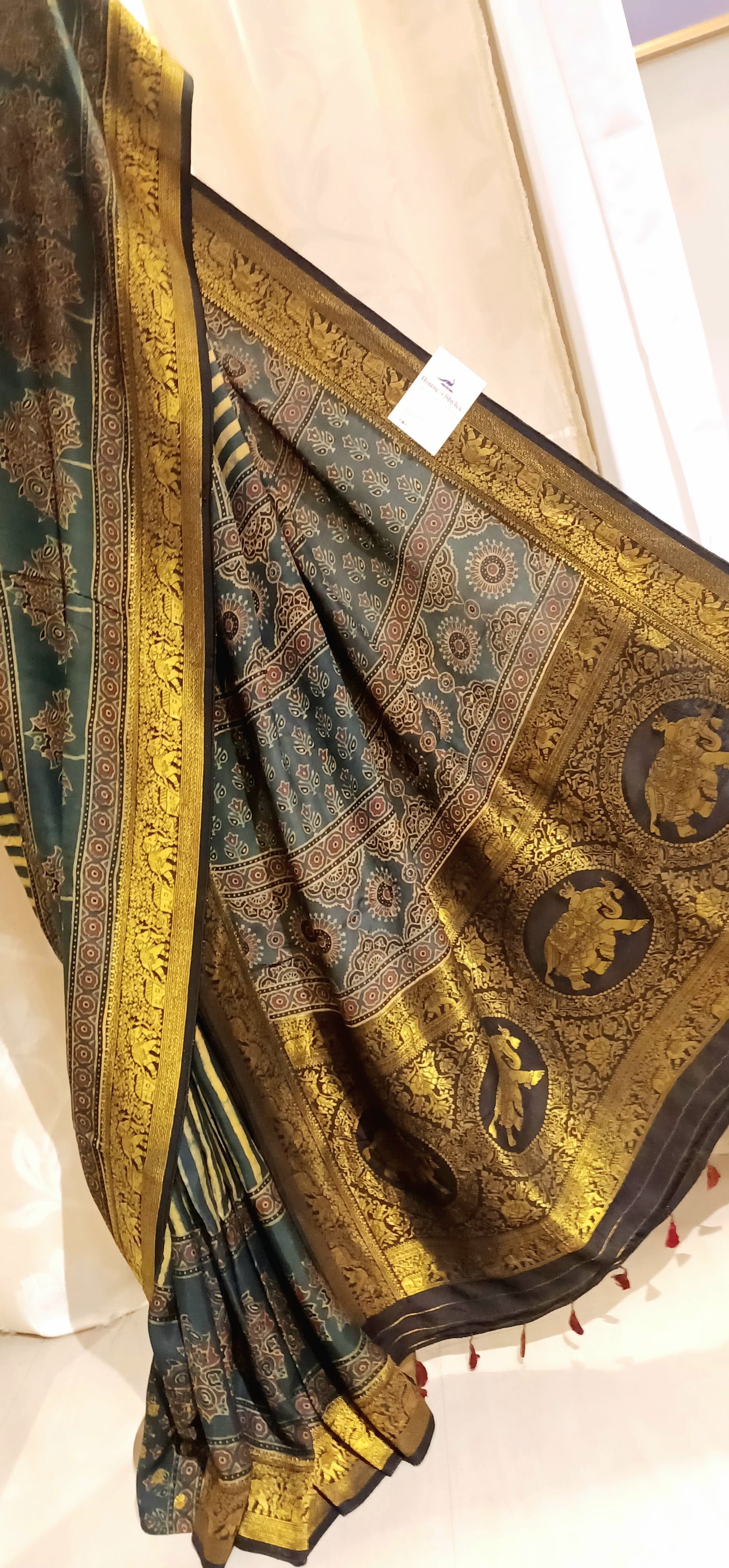 Dark Green and yellow Dola Silk Ajrakh print saree