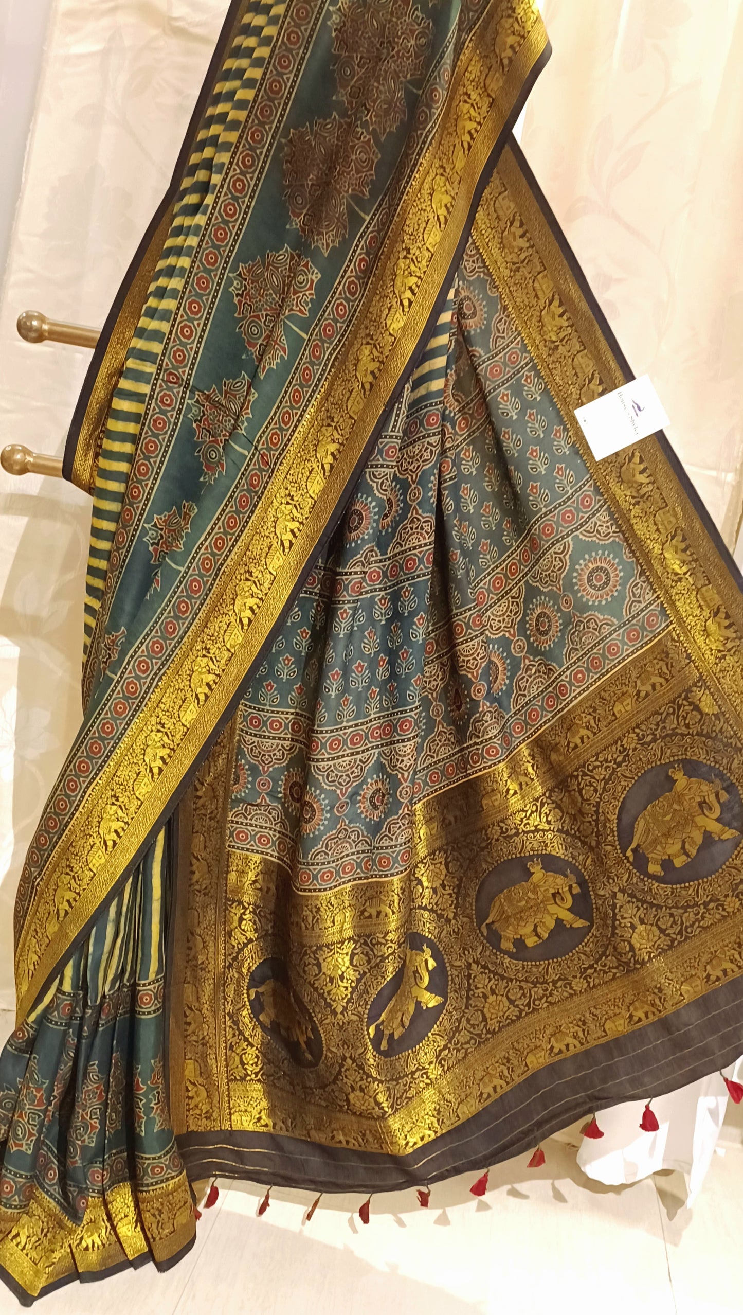 Dark Green and yellow Dola Silk Ajrakh print saree