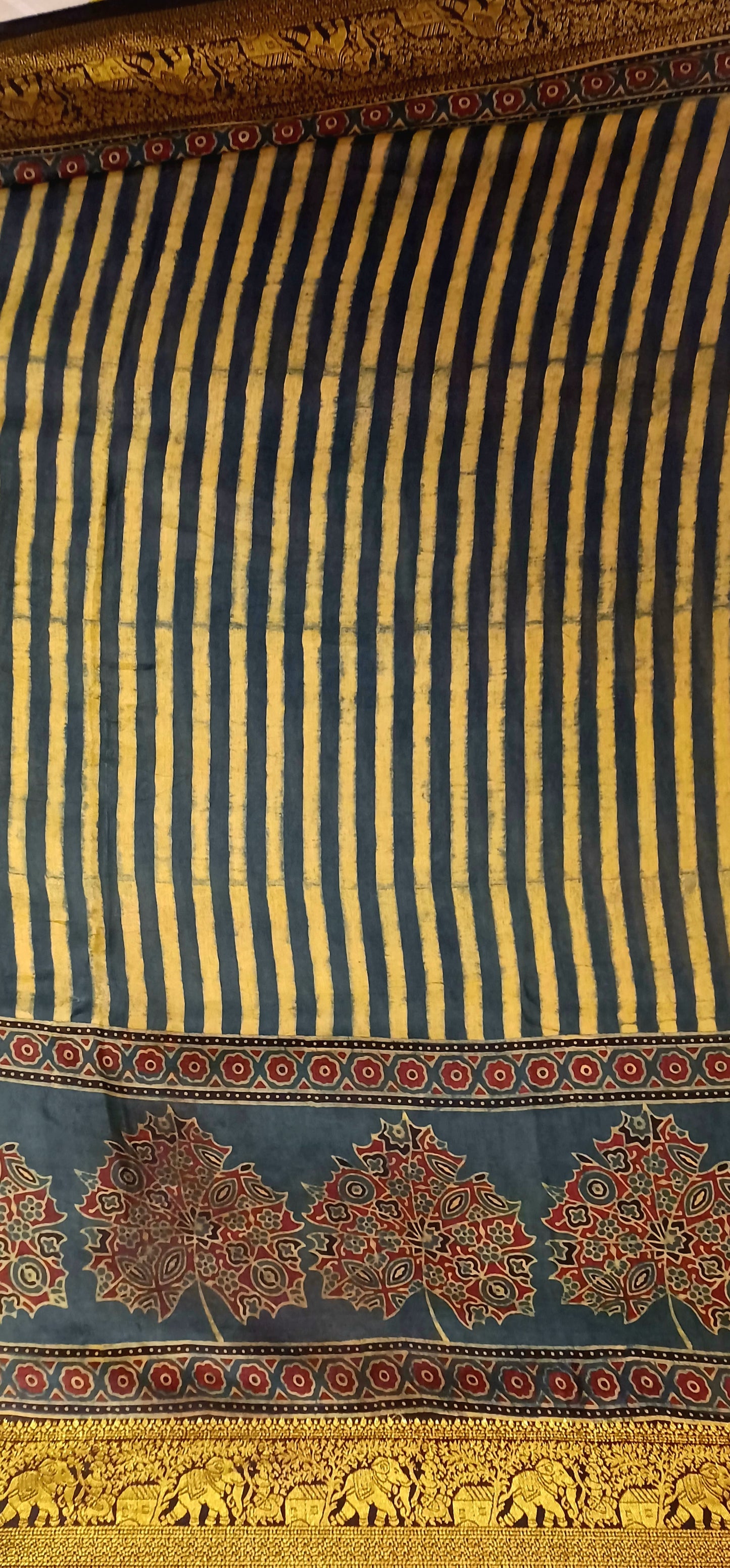 Dark Green and yellow Dola Silk Ajrakh print saree