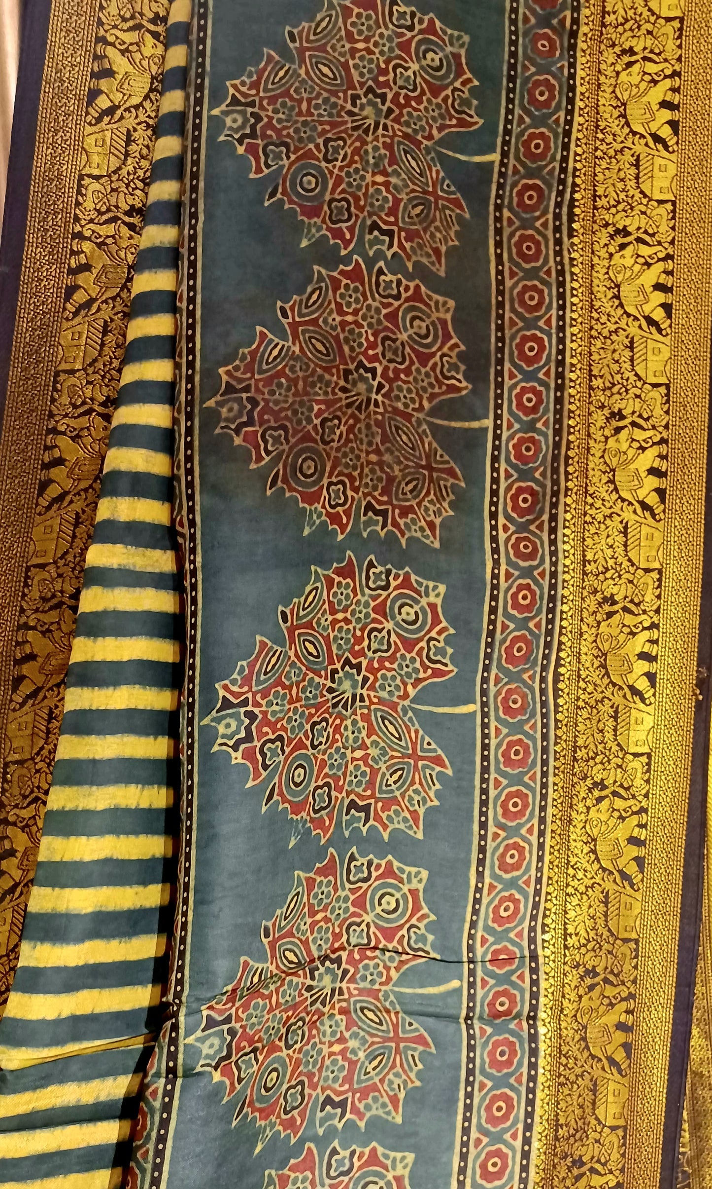 Dark Green and yellow Dola Silk Ajrakh print saree