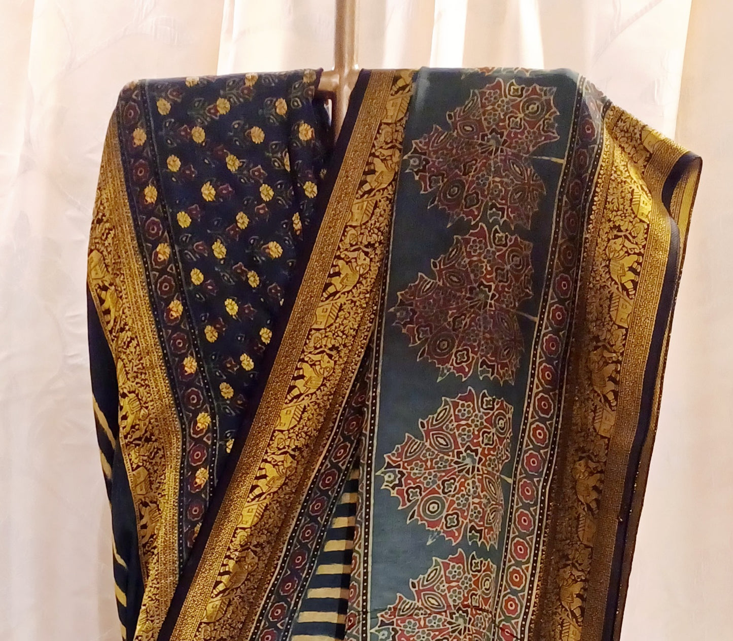 Dark Green and yellow Dola Silk Ajrakh print saree