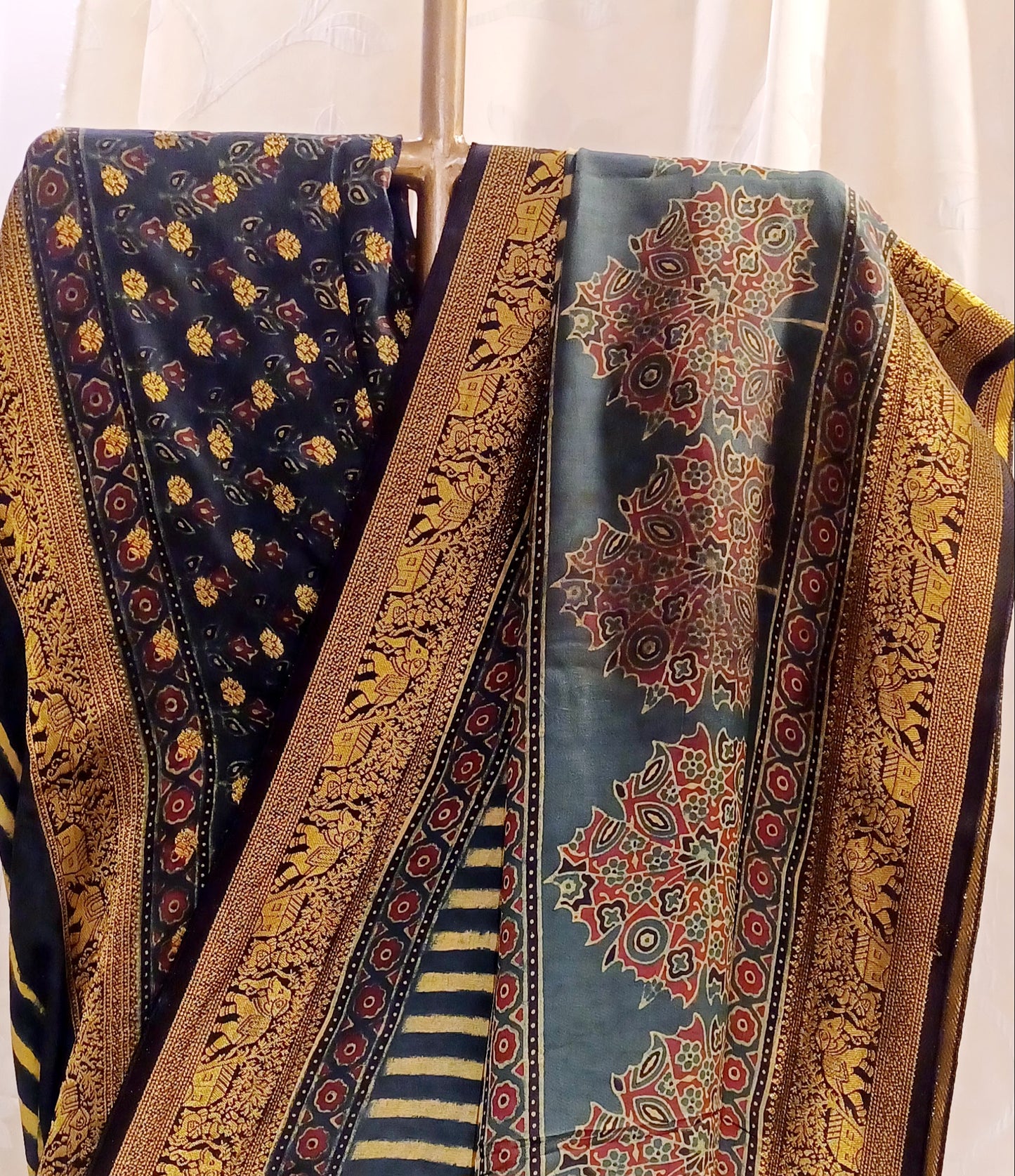 Dark Green and yellow Dola Silk Ajrakh print saree