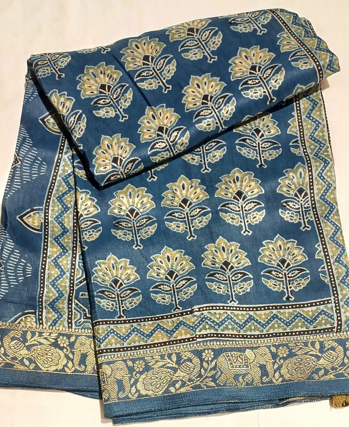 Indigo Blue Dola Silk Ajrakh print saree