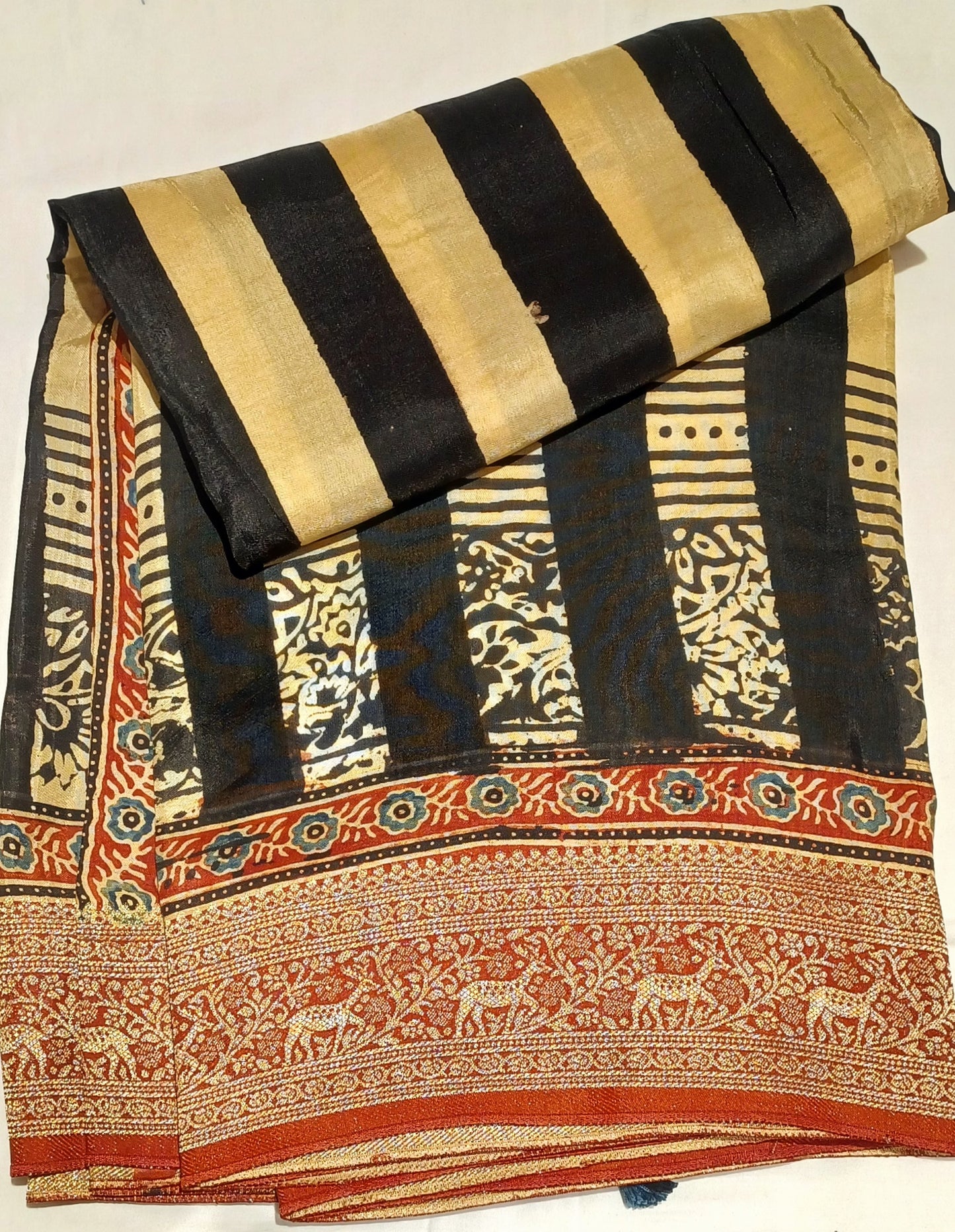 Black with Red border Dola Silk Ajrakh print saree