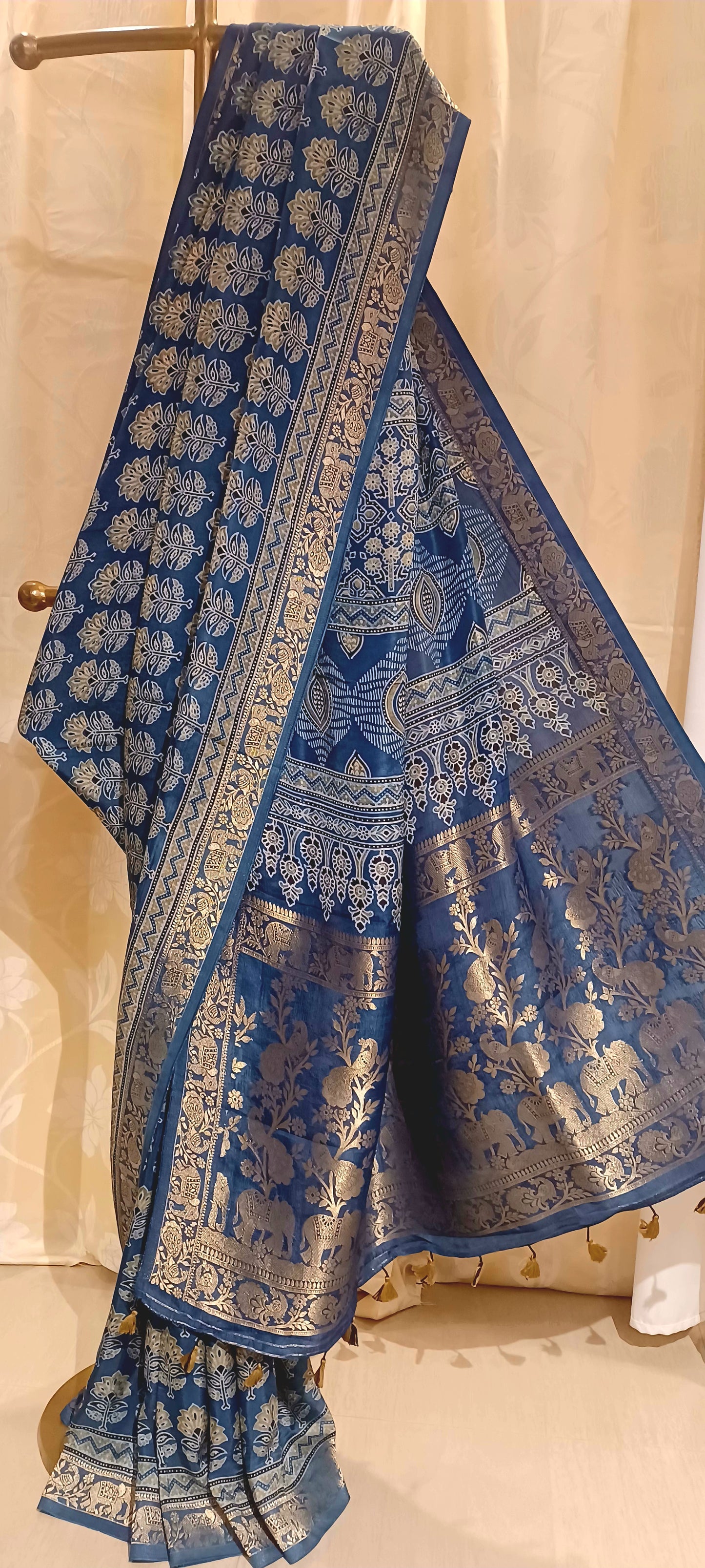 Indigo Blue Dola Silk Ajrakh print saree