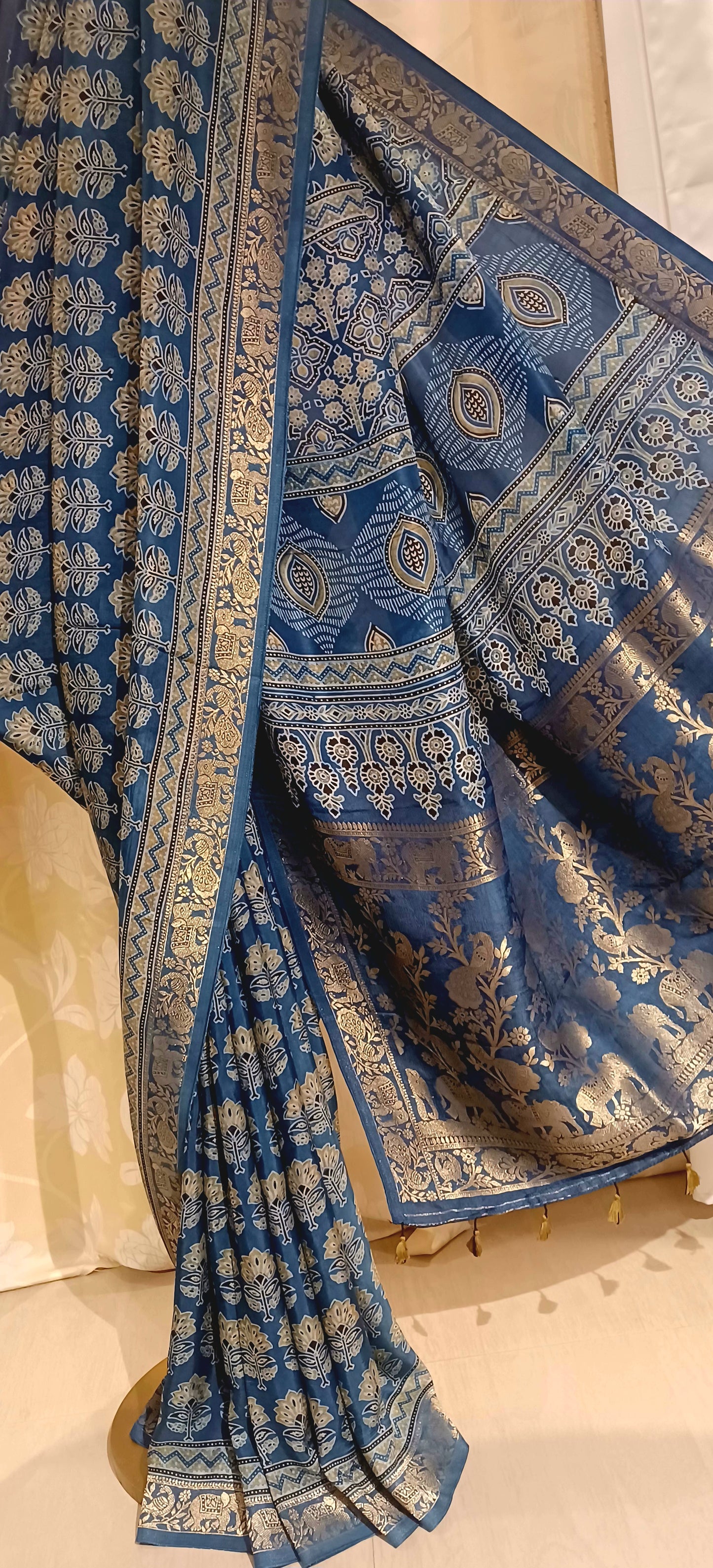 Indigo Blue Dola Silk Ajrakh print saree