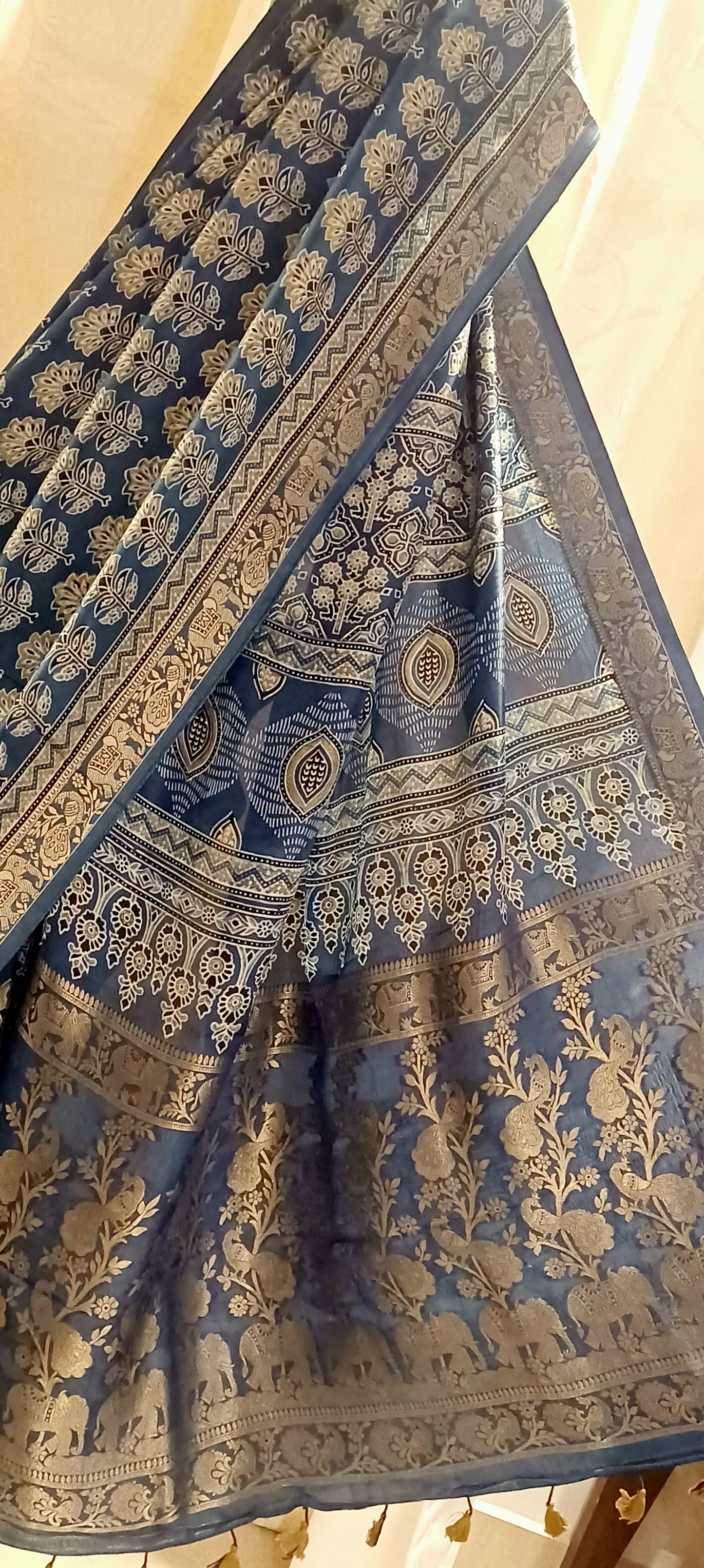 Indigo Blue Dola Silk Ajrakh print saree