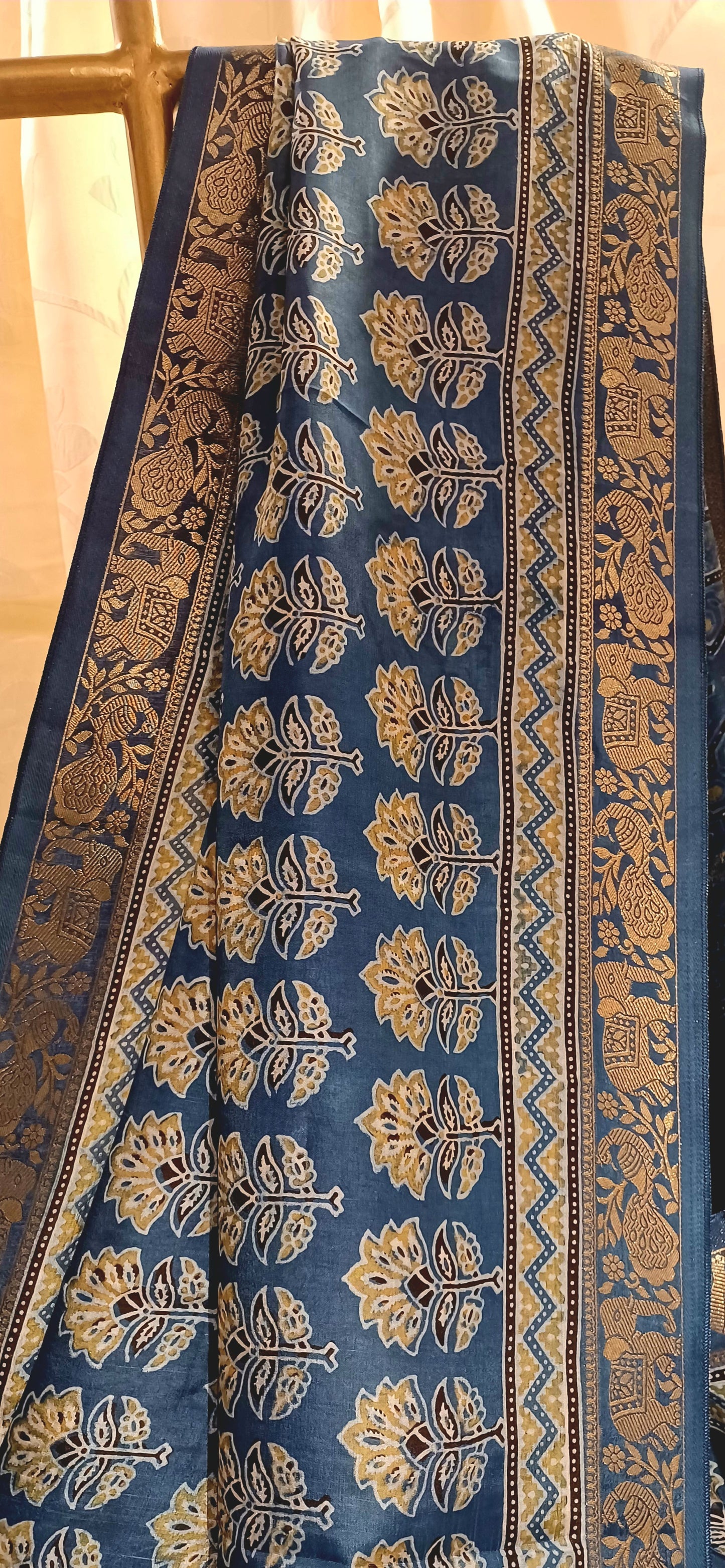 Indigo Blue Dola Silk Ajrakh print saree