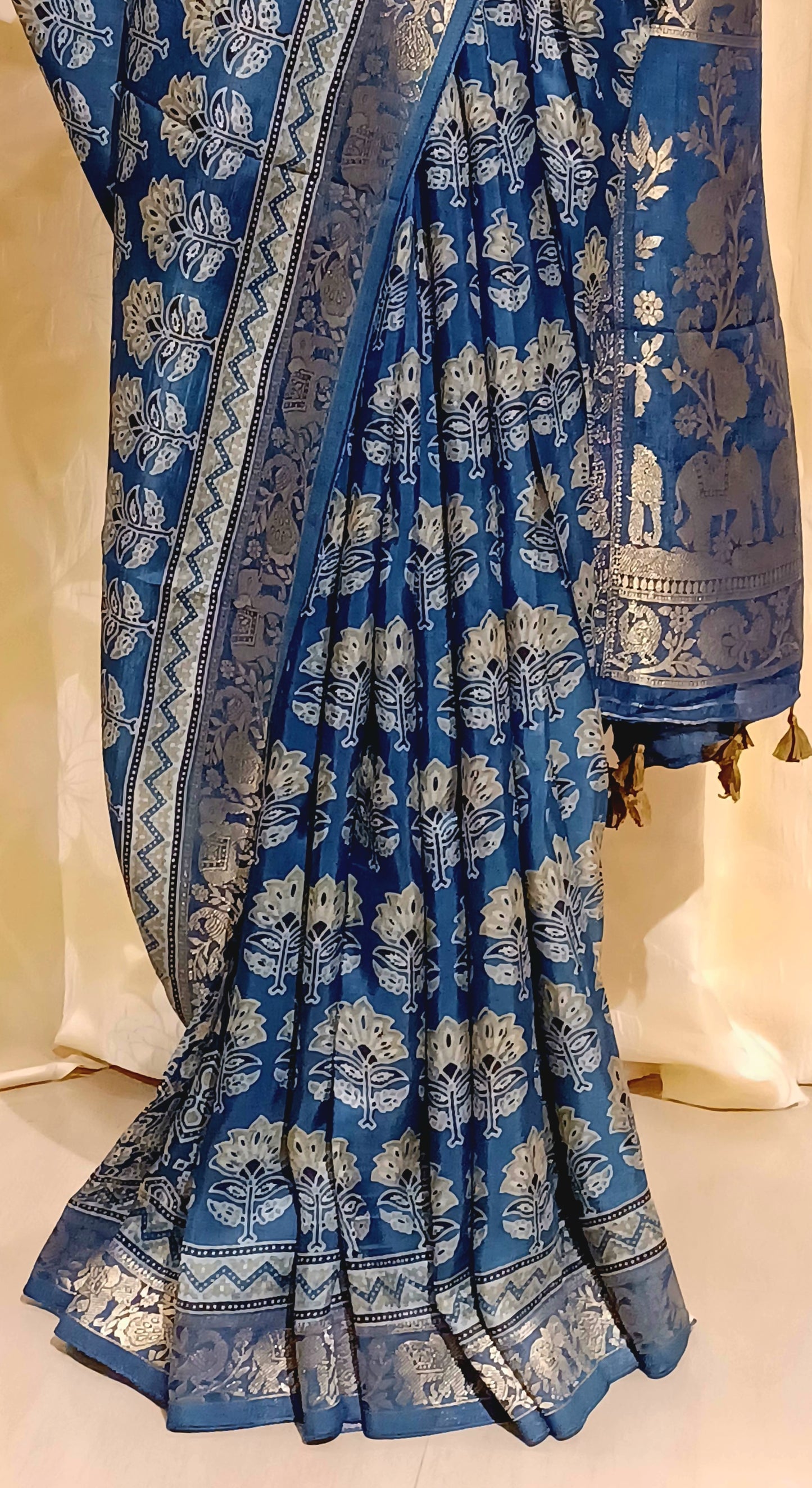 Indigo Blue Dola Silk Ajrakh print saree