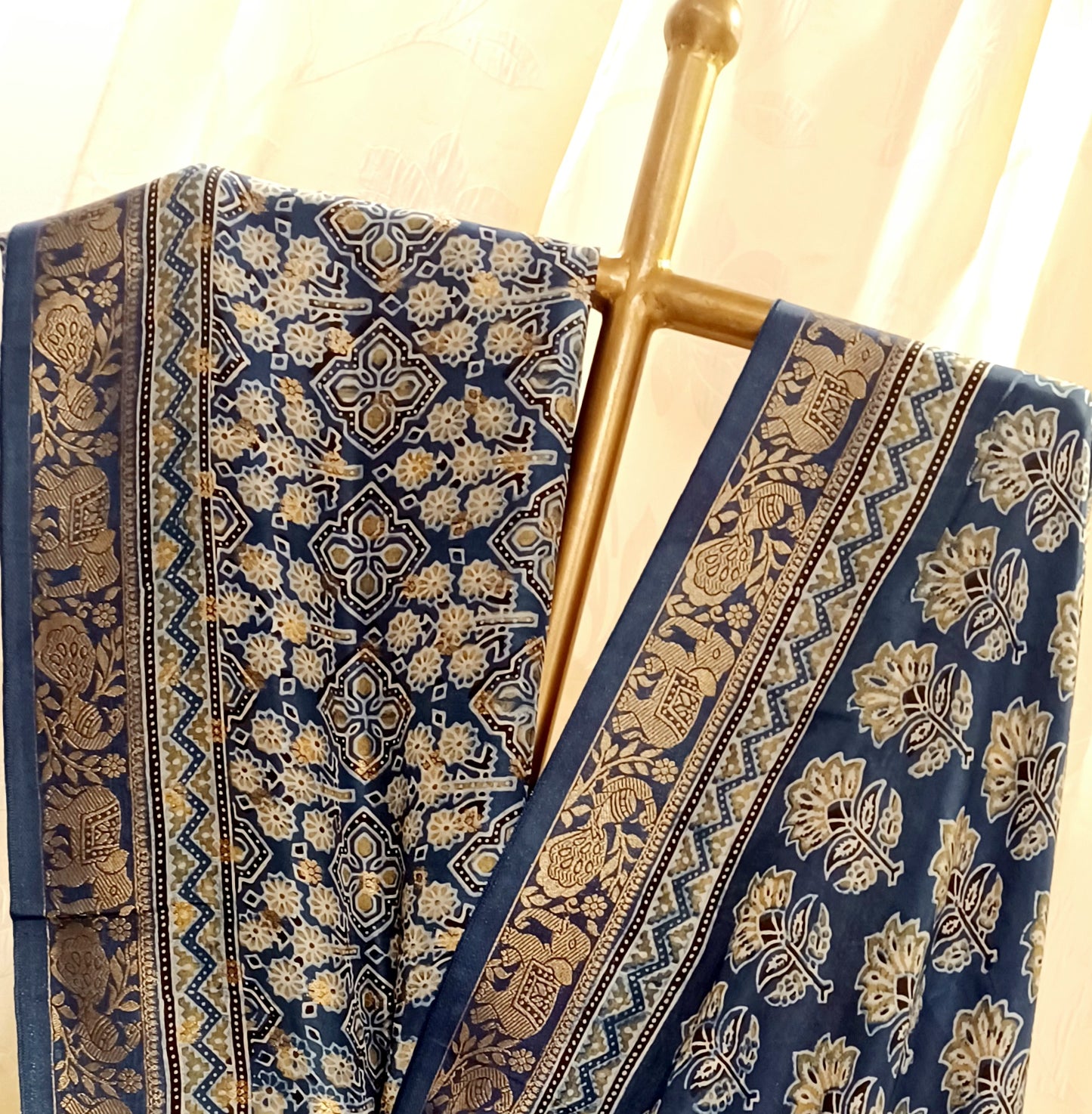 Indigo Blue Dola Silk Ajrakh print saree