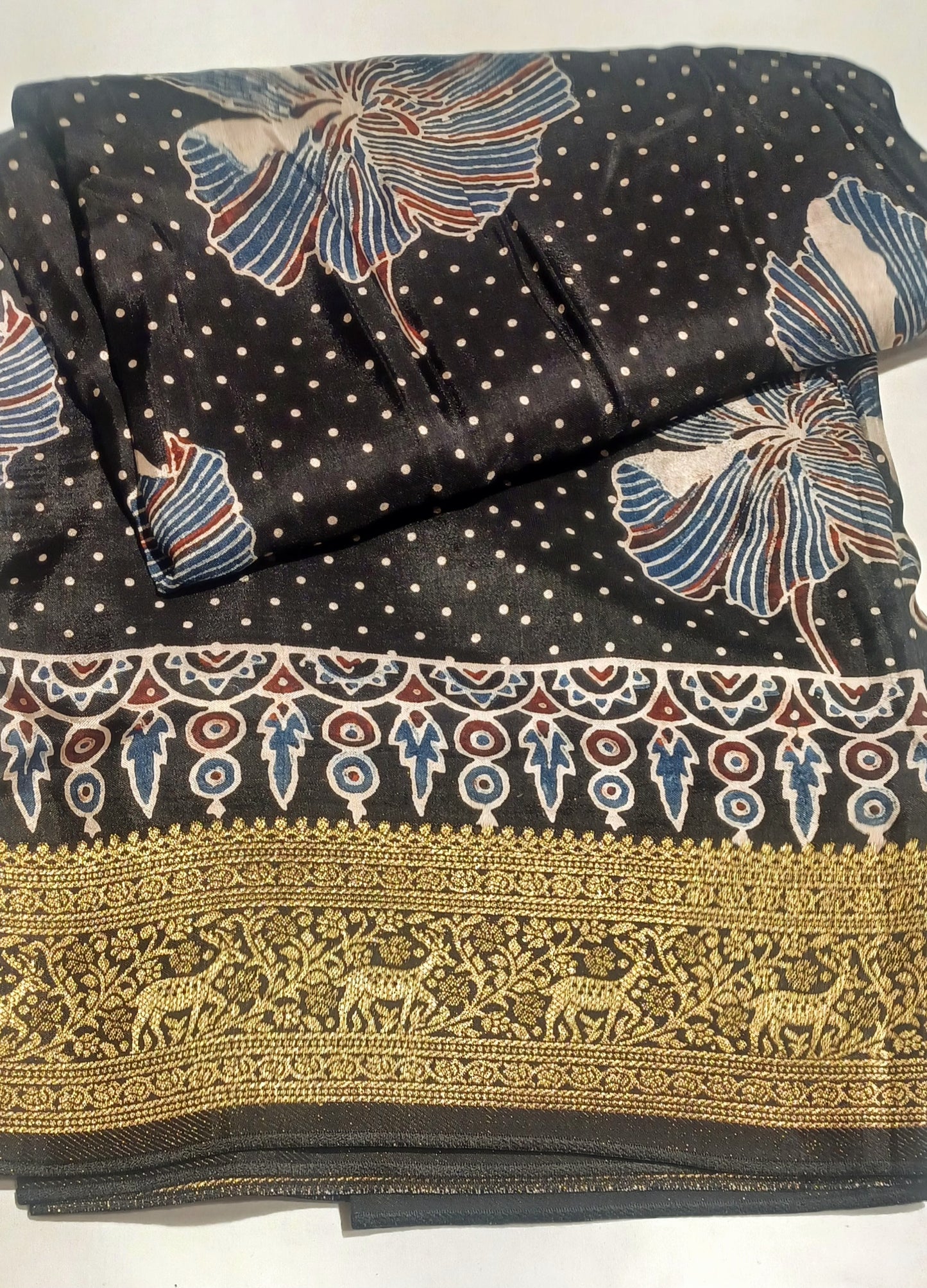 Black Dola Silk Ajrakh print saree