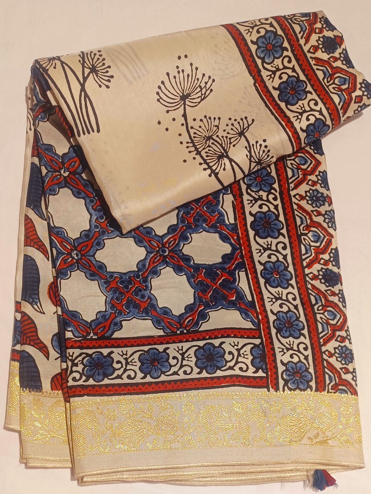 Off-white Dola Silk with Indigo and Red Ajrakh print saree