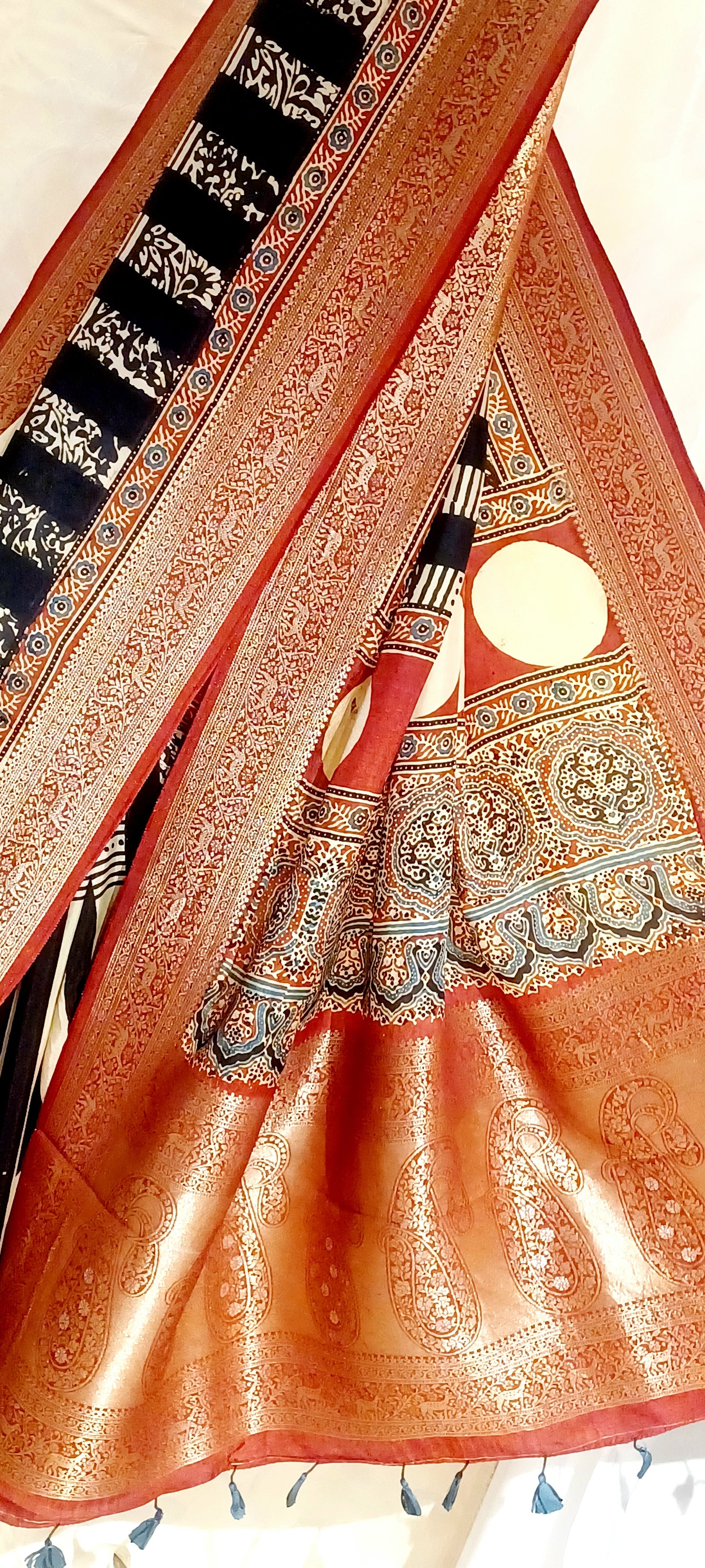 Black with Red border Dola Silk Ajrakh print saree