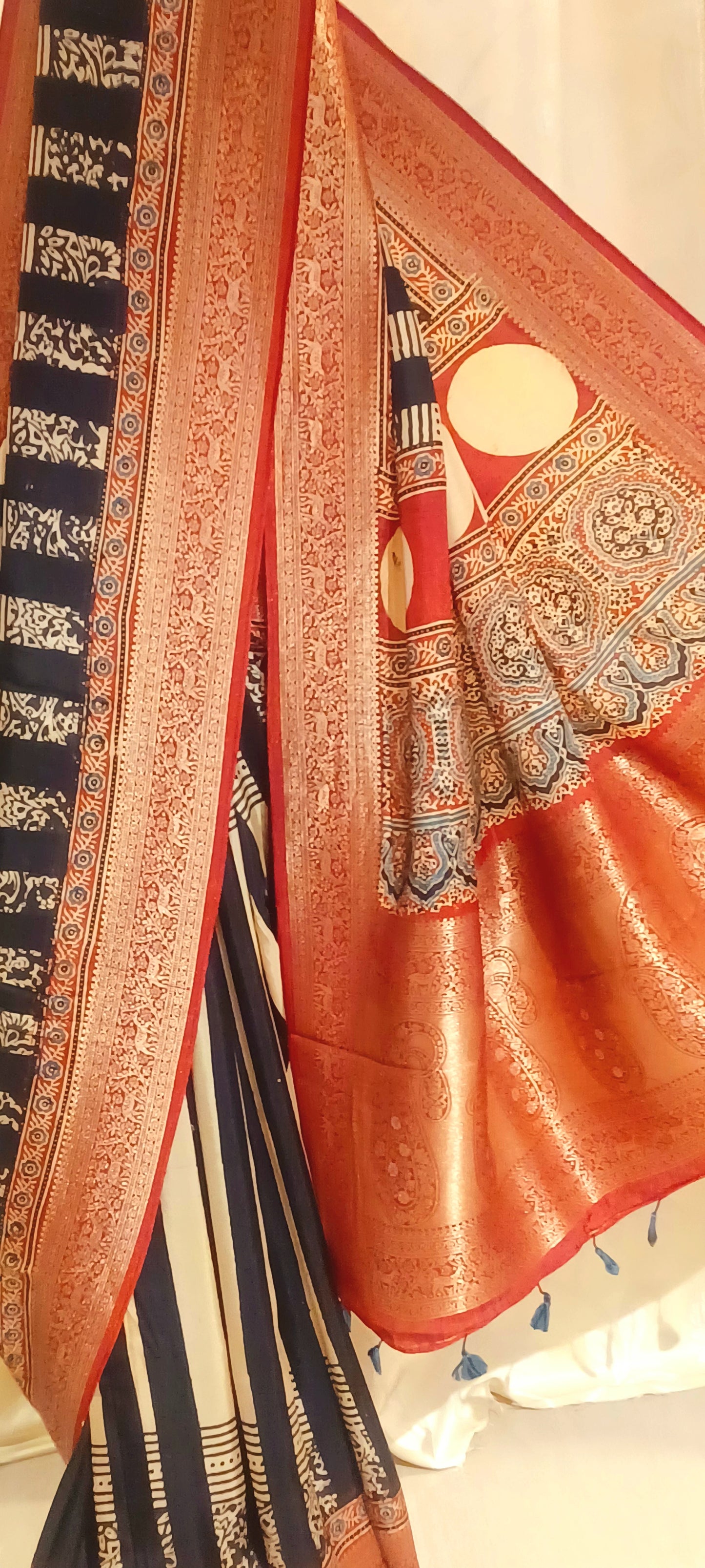 Black with Red border Dola Silk Ajrakh print saree