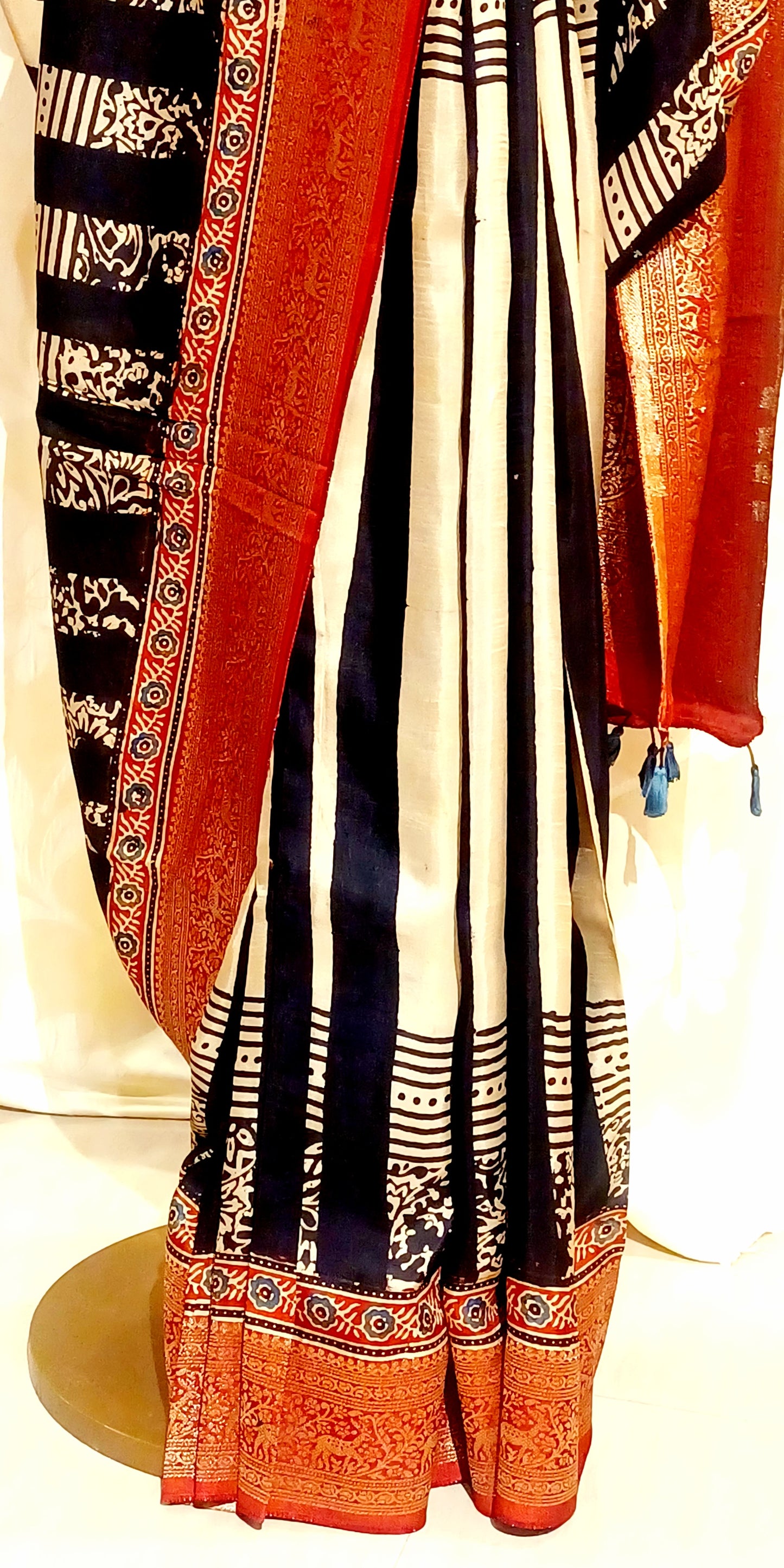 Black with Red border Dola Silk Ajrakh print saree