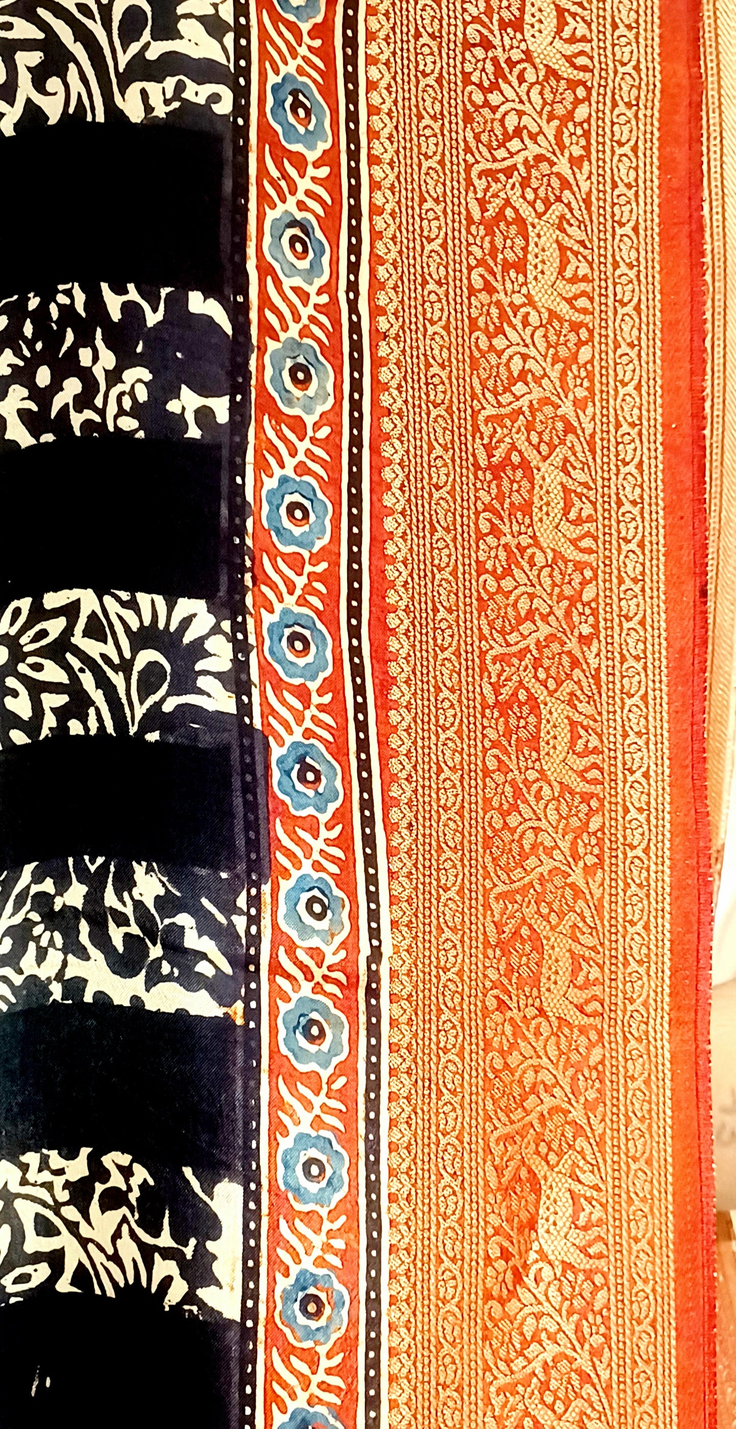 Black with Red border Dola Silk Ajrakh print saree
