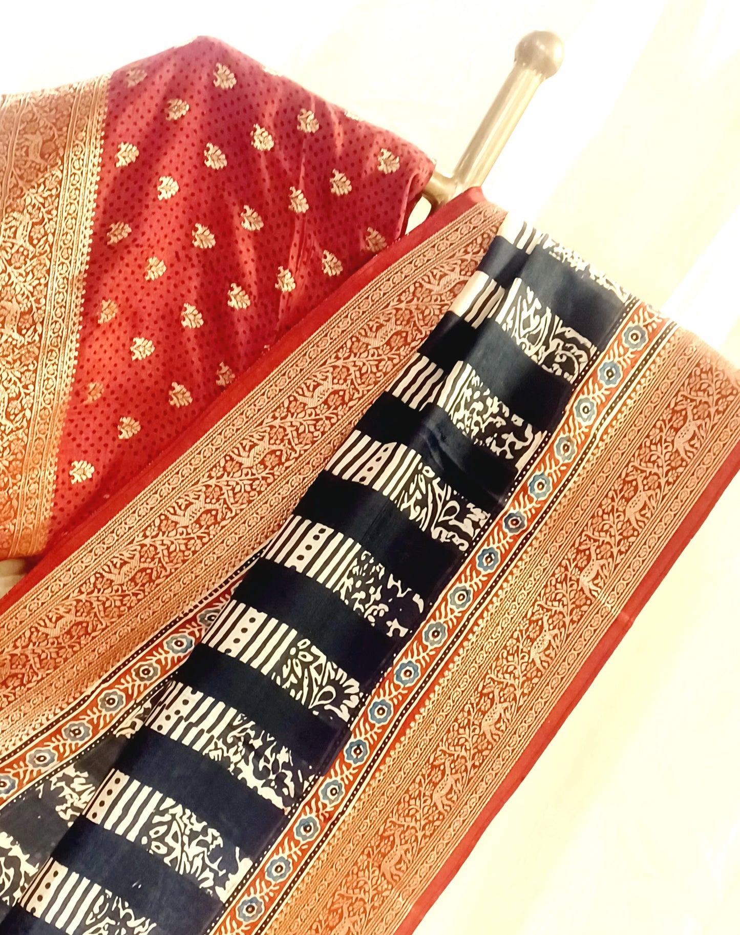Black with Red border Dola Silk Ajrakh print saree