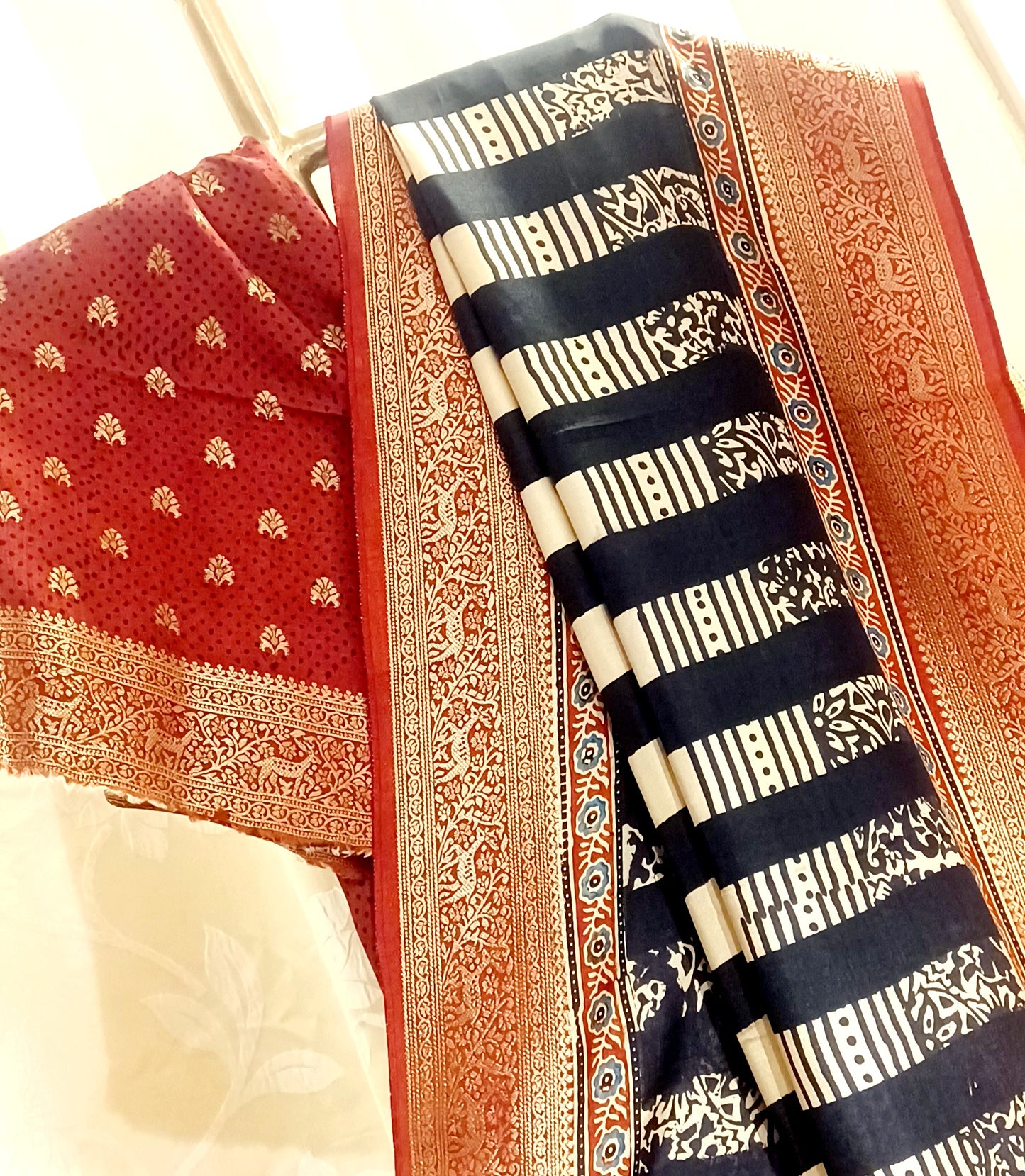 Black with Red border Dola Silk Ajrakh print saree