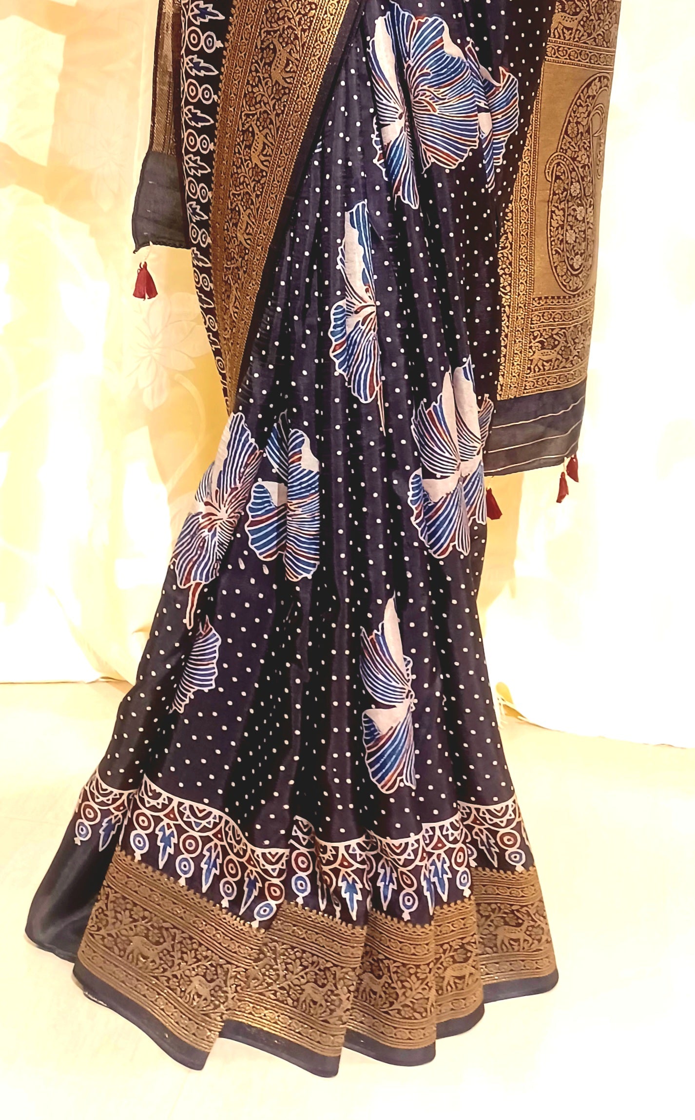 Black Dola Silk Ajrakh print saree