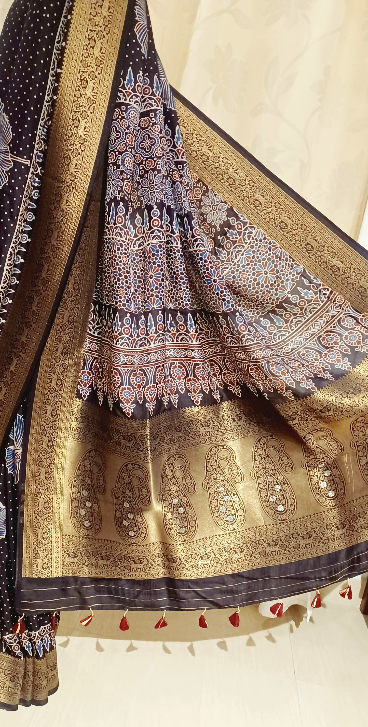 Black Dola Silk Ajrakh print saree