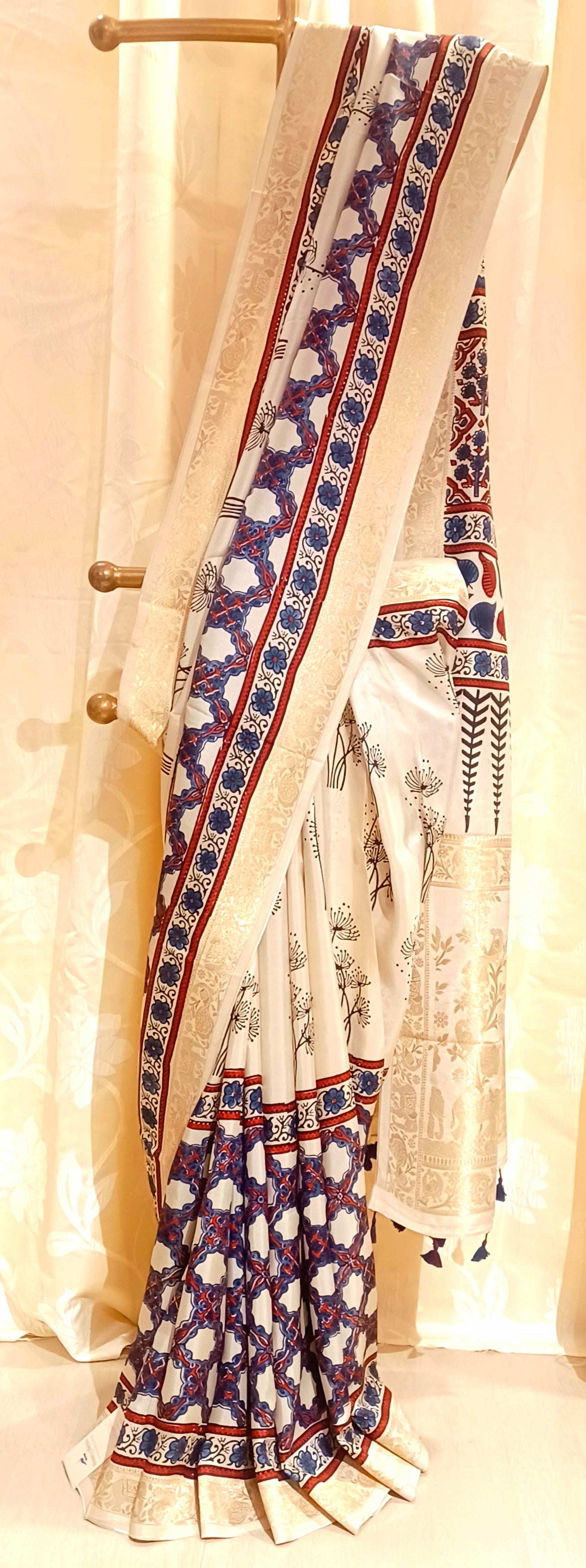 Off-white Dola Silk with Indigo and Red Ajrakh print saree