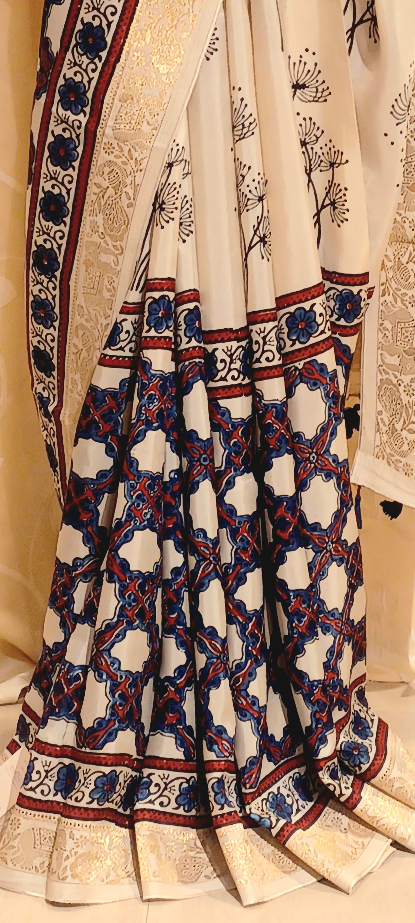 Off-white Dola Silk with Indigo and Red Ajrakh print saree
