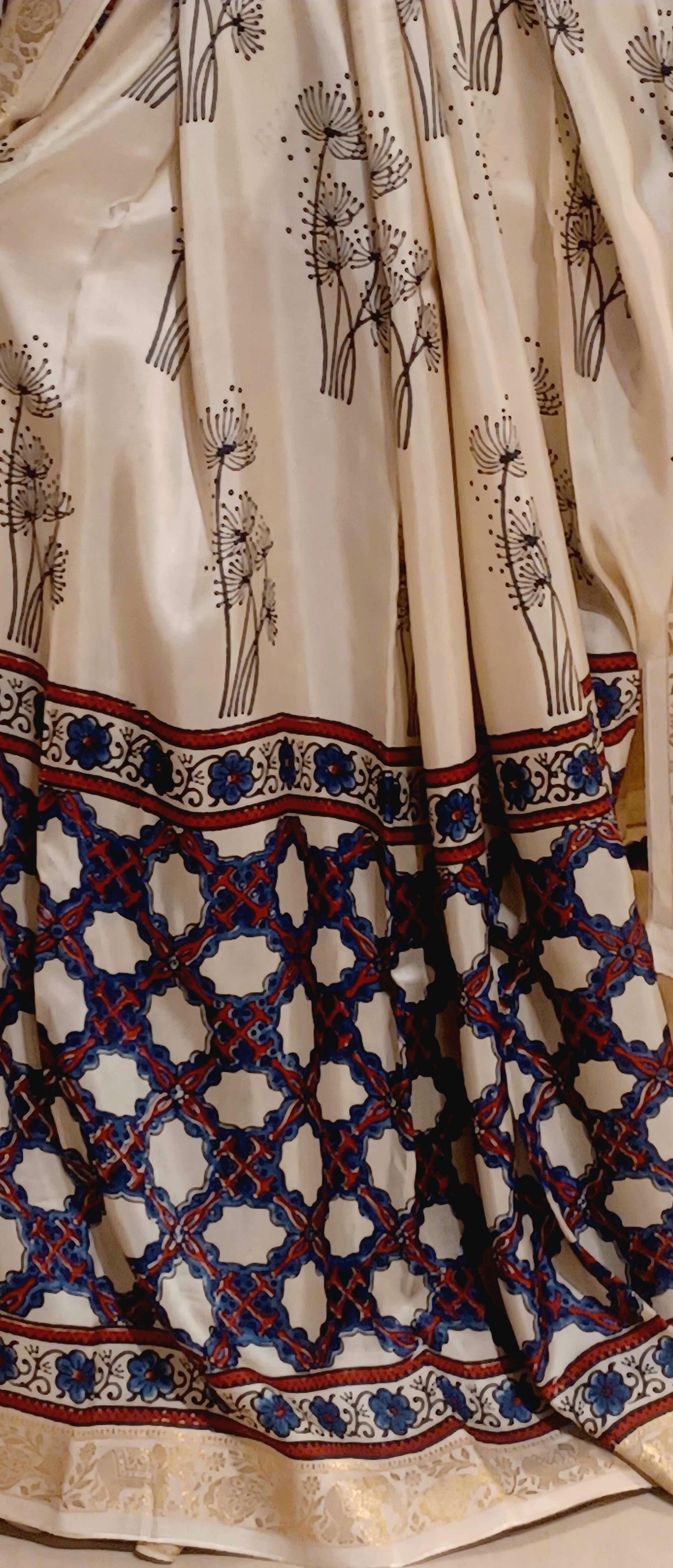 Off-white Dola Silk with Indigo and Red Ajrakh print saree