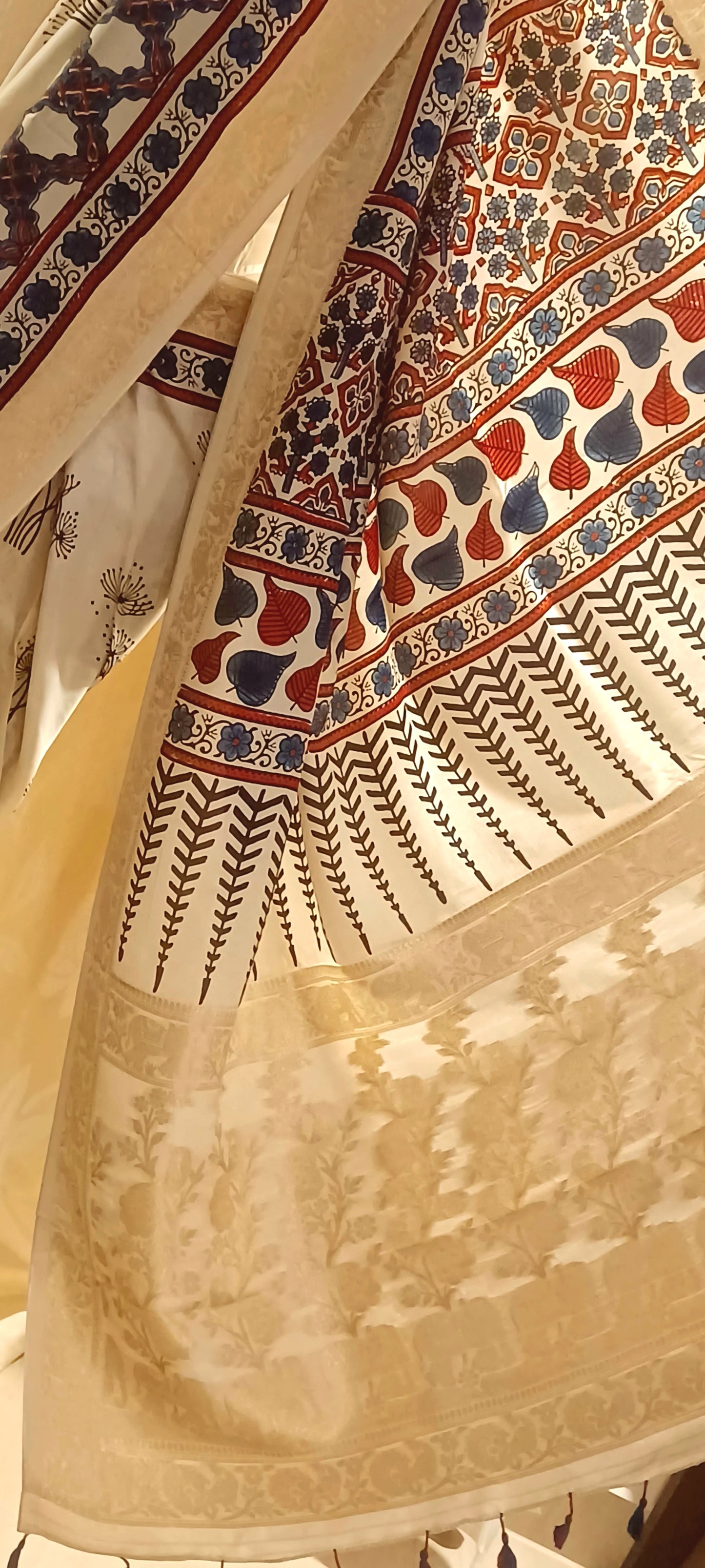 Off-white Dola Silk with Indigo and Red Ajrakh print saree