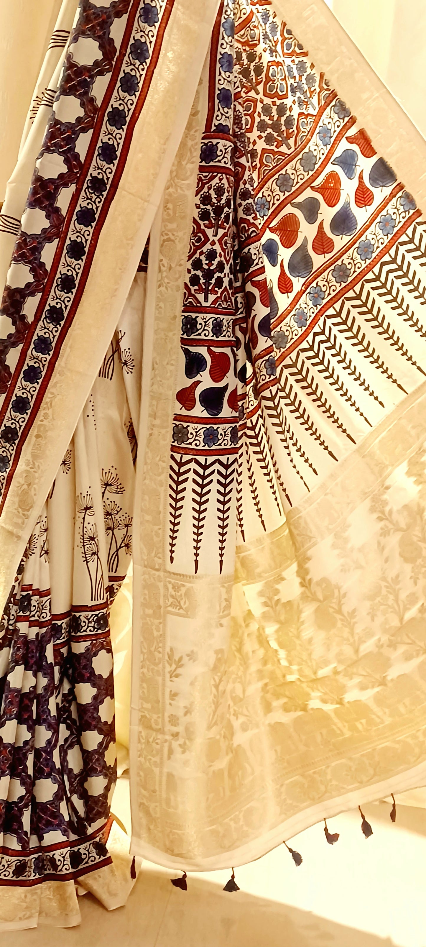 Off-white Dola Silk with Indigo and Red Ajrakh print saree