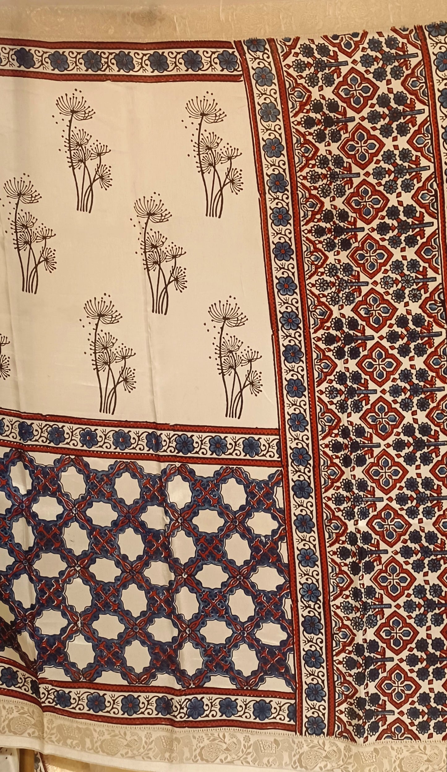 Off-white Dola Silk with Indigo and Red Ajrakh print saree