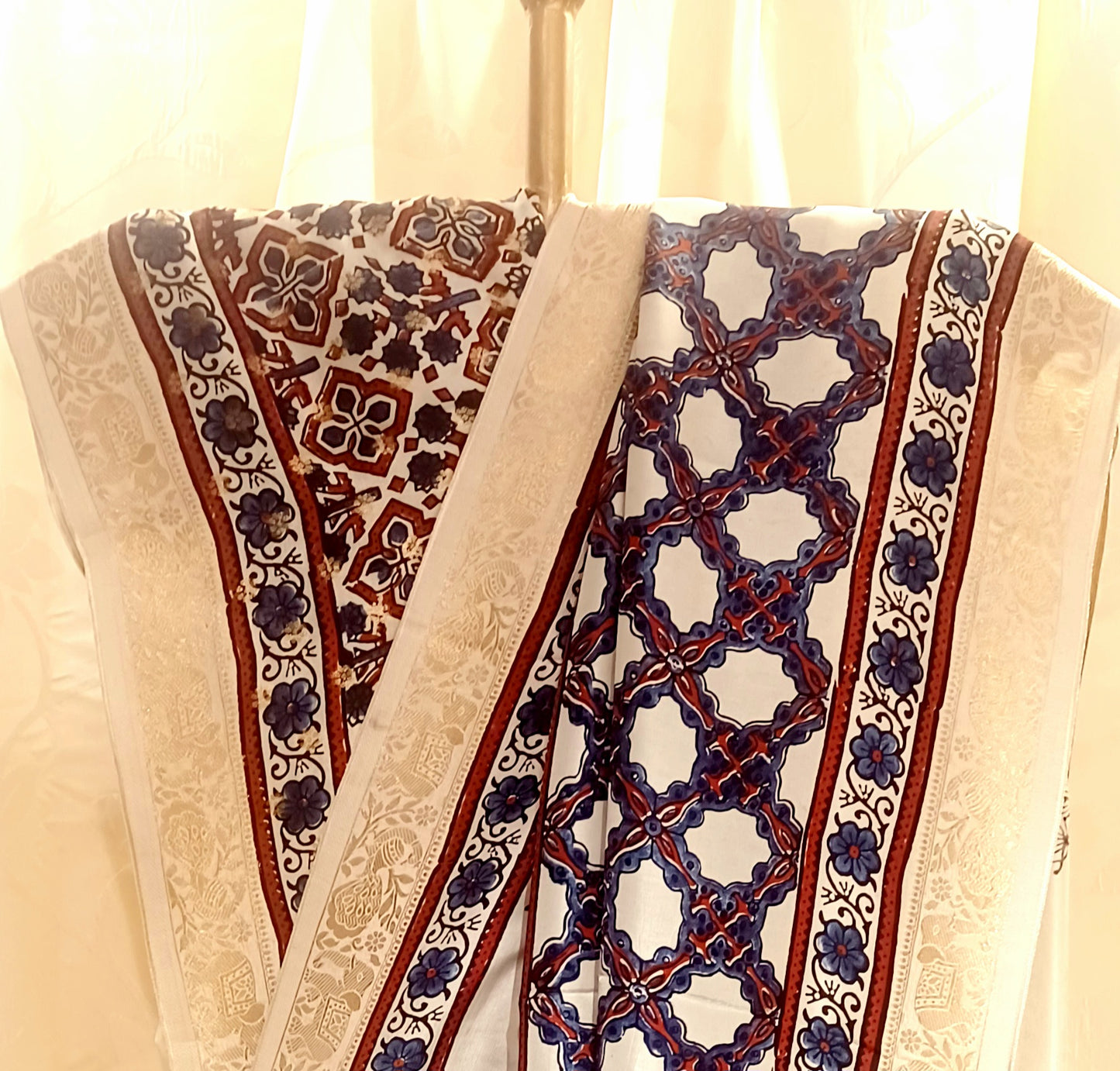 Off-white Dola Silk with Indigo and Red Ajrakh print saree