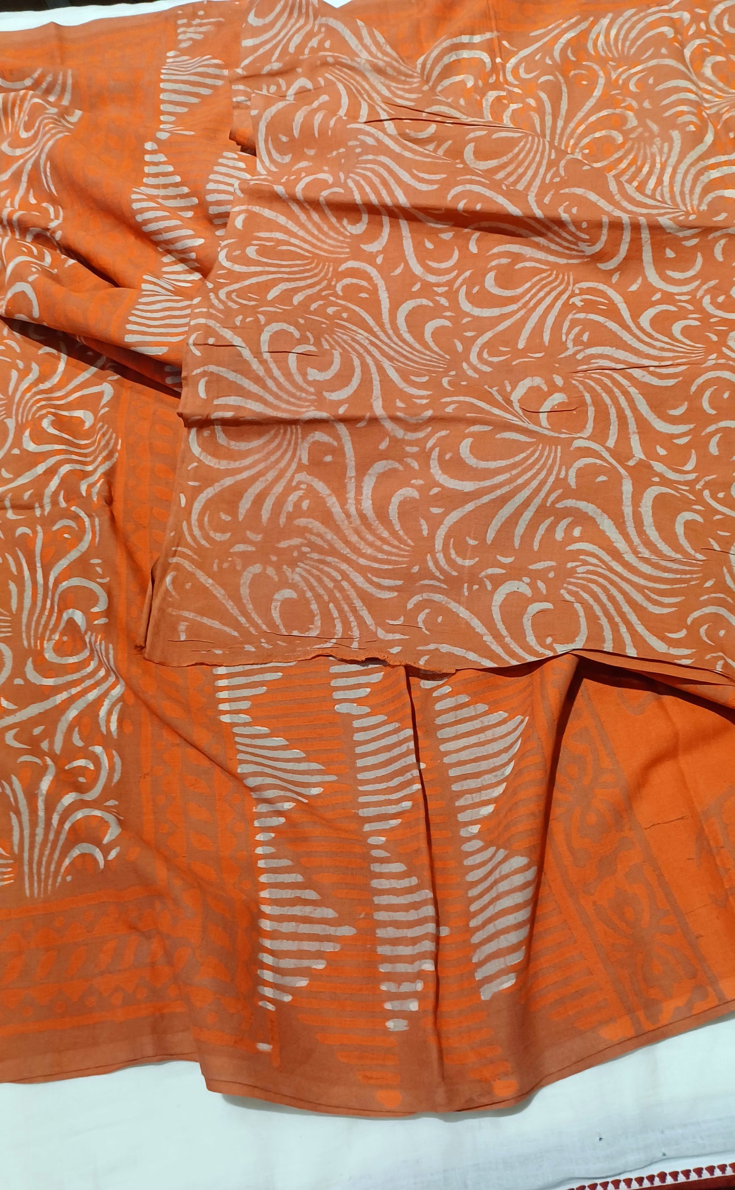 Orange Dabu handblock printed cotton saree