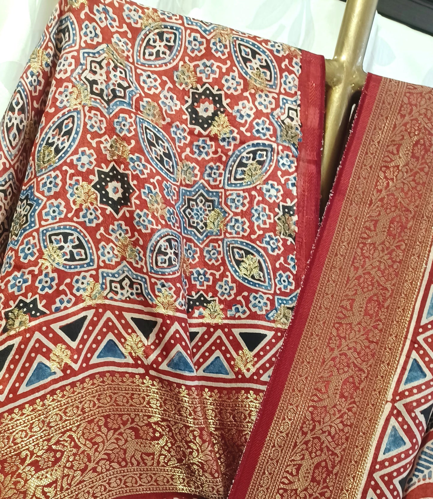Red with Indigo and black Dola Silk Ajrakh print saree