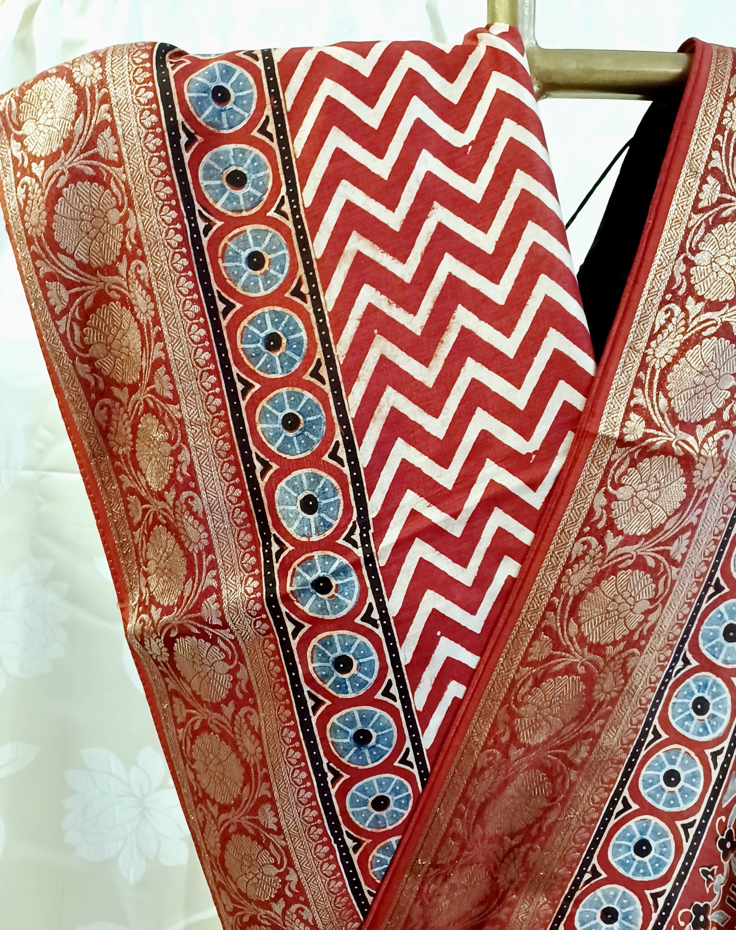 Red with Indigo and black Dola Silk Ajrakh print saree