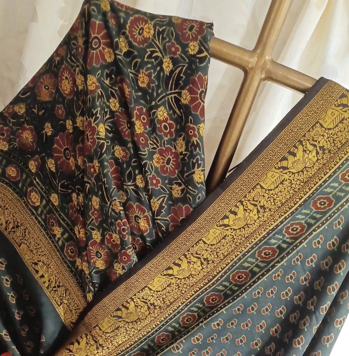 Dark Green Dola silk Ajrakh print saree