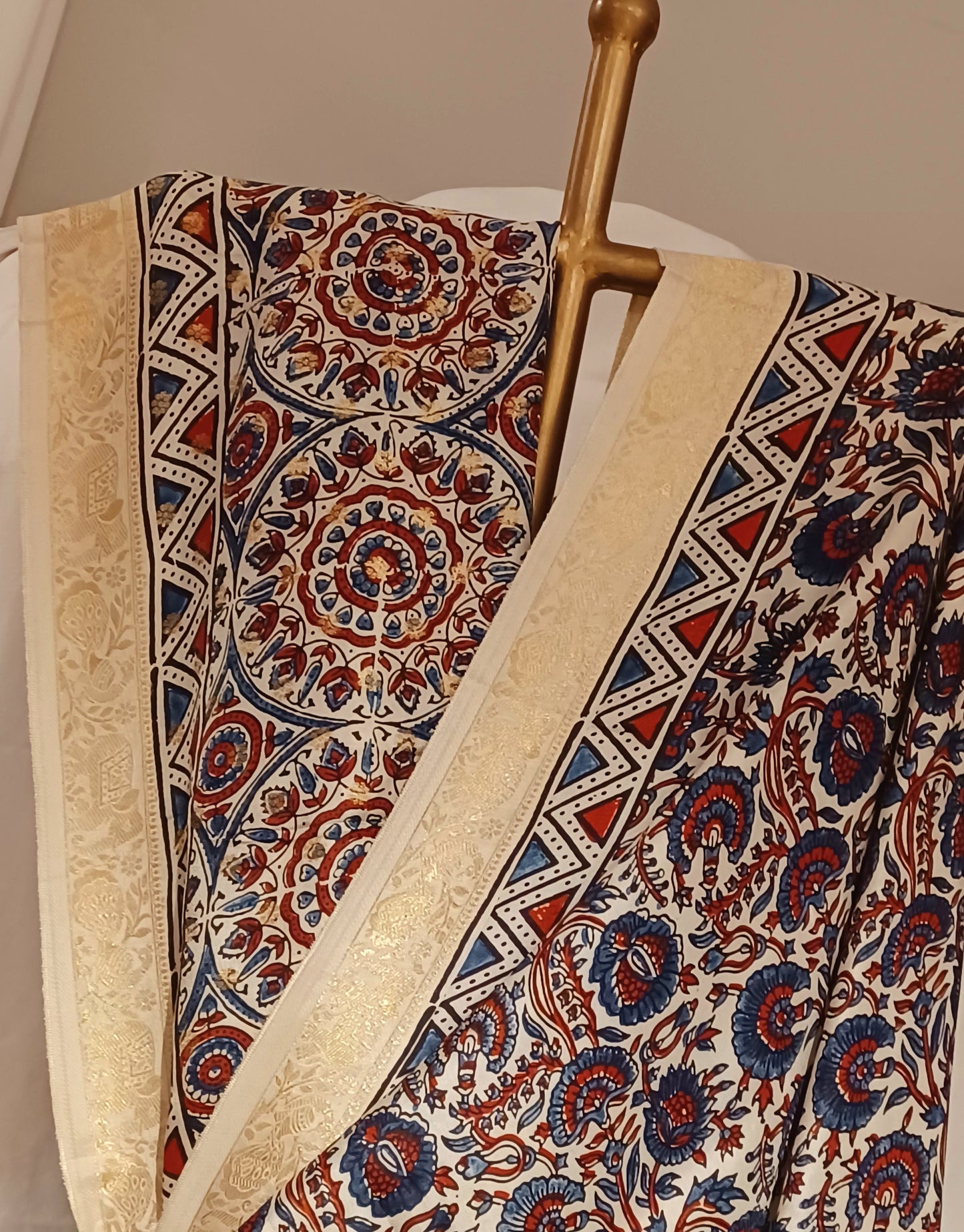 Off-white Dola Silk with Indigo and Red Ajrakh print saree