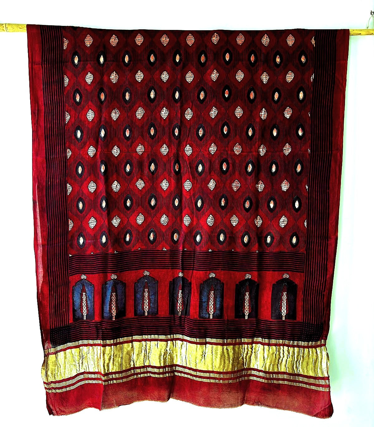 Dark Maroon and Black - Ajrakh Handblock printed Modal Silk Dupatta with Lagda patti