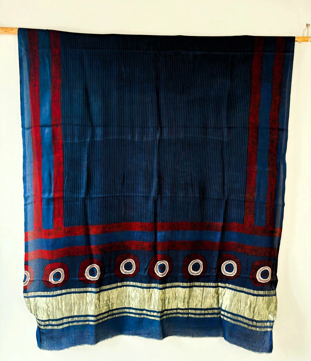 Dark Blue Ajrakh Handblock printed Modal Silk Dupatta with lagda patti